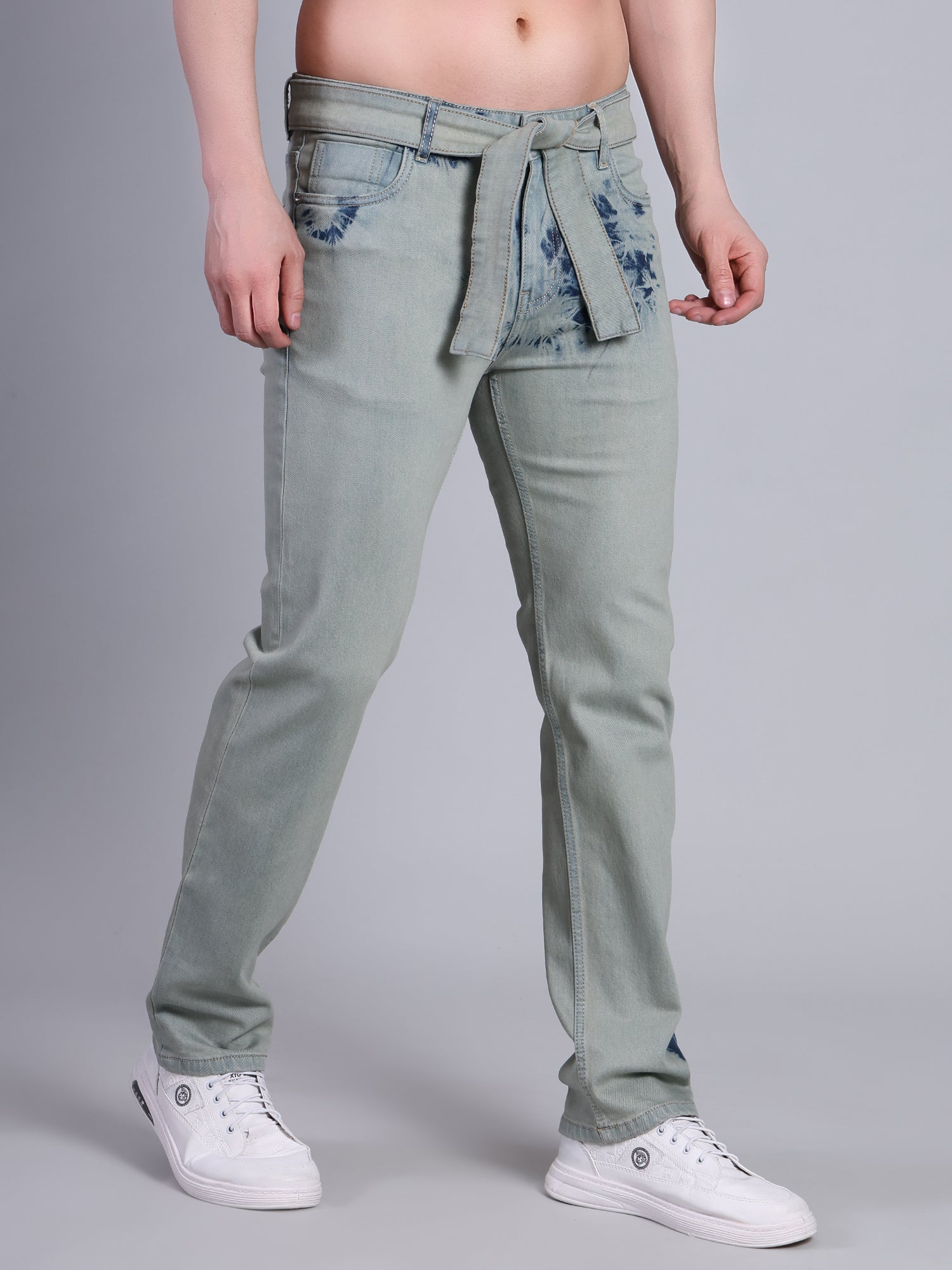 Stylox Men’s Comfort Fit Washed Stretchable Denim Jeans with Belt-Greenish Blue - Stylox