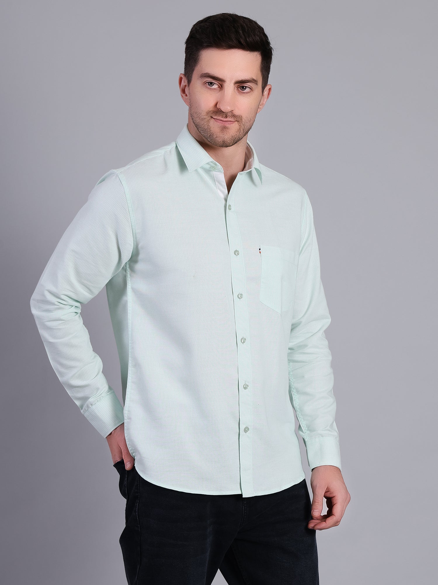 Stylox Men’s Green Striped Casual Shirt | Regular Fit Cotton Shirt for Men - Green - Stylox