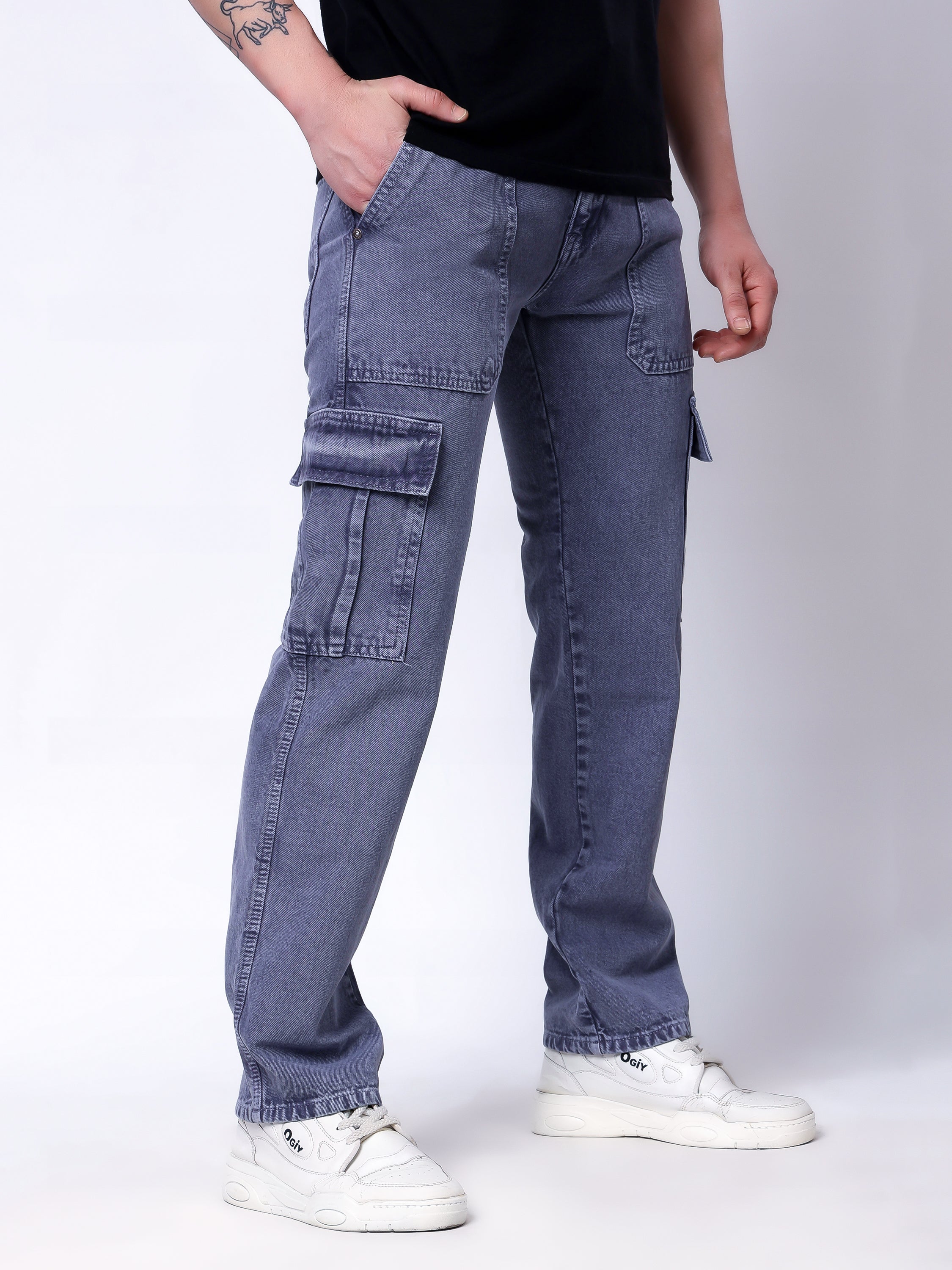 Stylox Men’s Comfort Fit Non-Stretch Cargo Jeans with Multi Pockets-Mid Grey