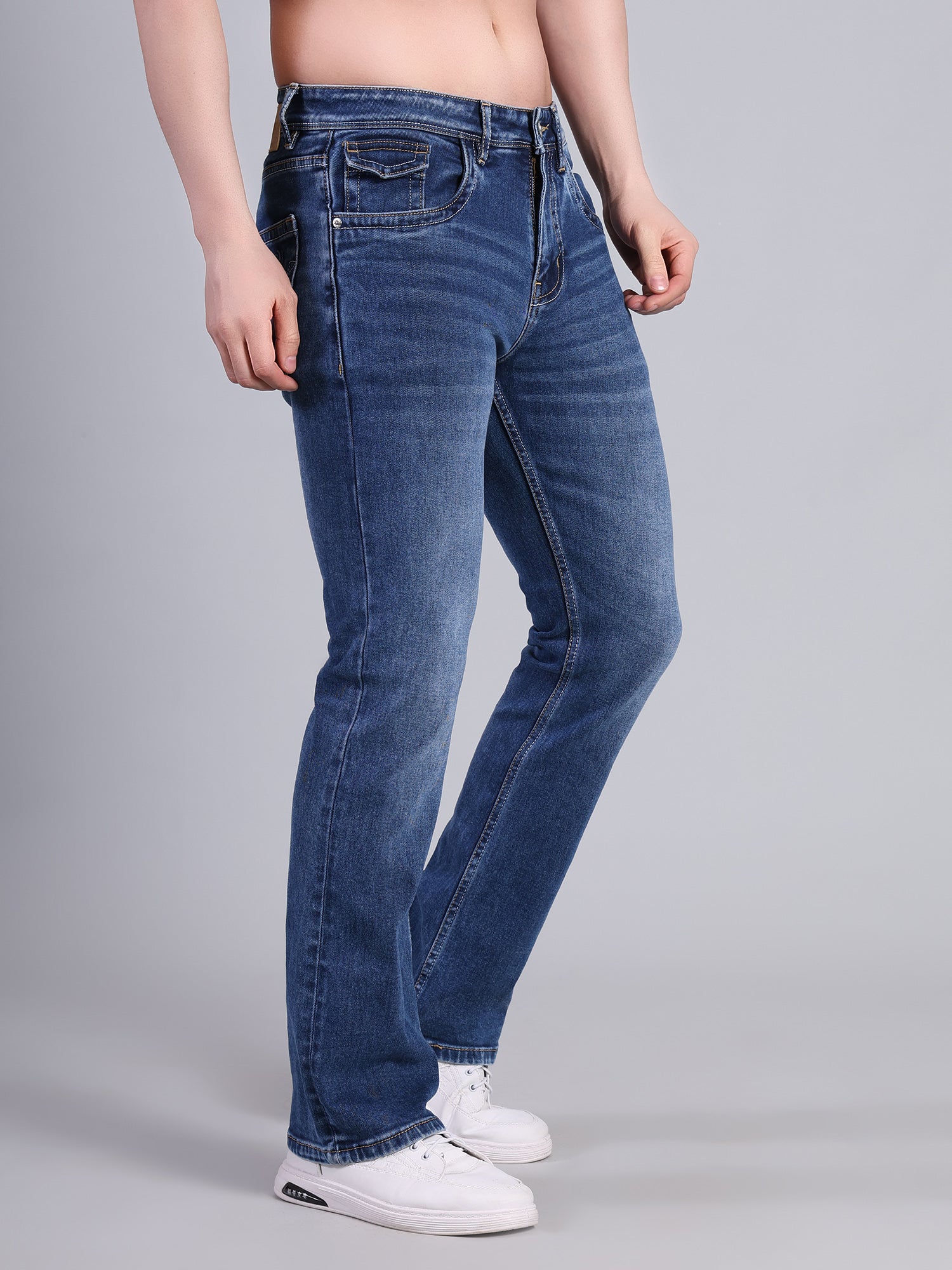 Stylox Men’s Bootcut Fit Non-Stretch Rigid Denim Jeans-Mid Dark Blue - Stylox