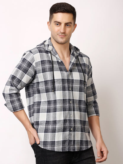 Stylox Men’s Regular Fit Hooded Check Shirt | Full Sleeve Cotton Blend Casual Checkered Shirt