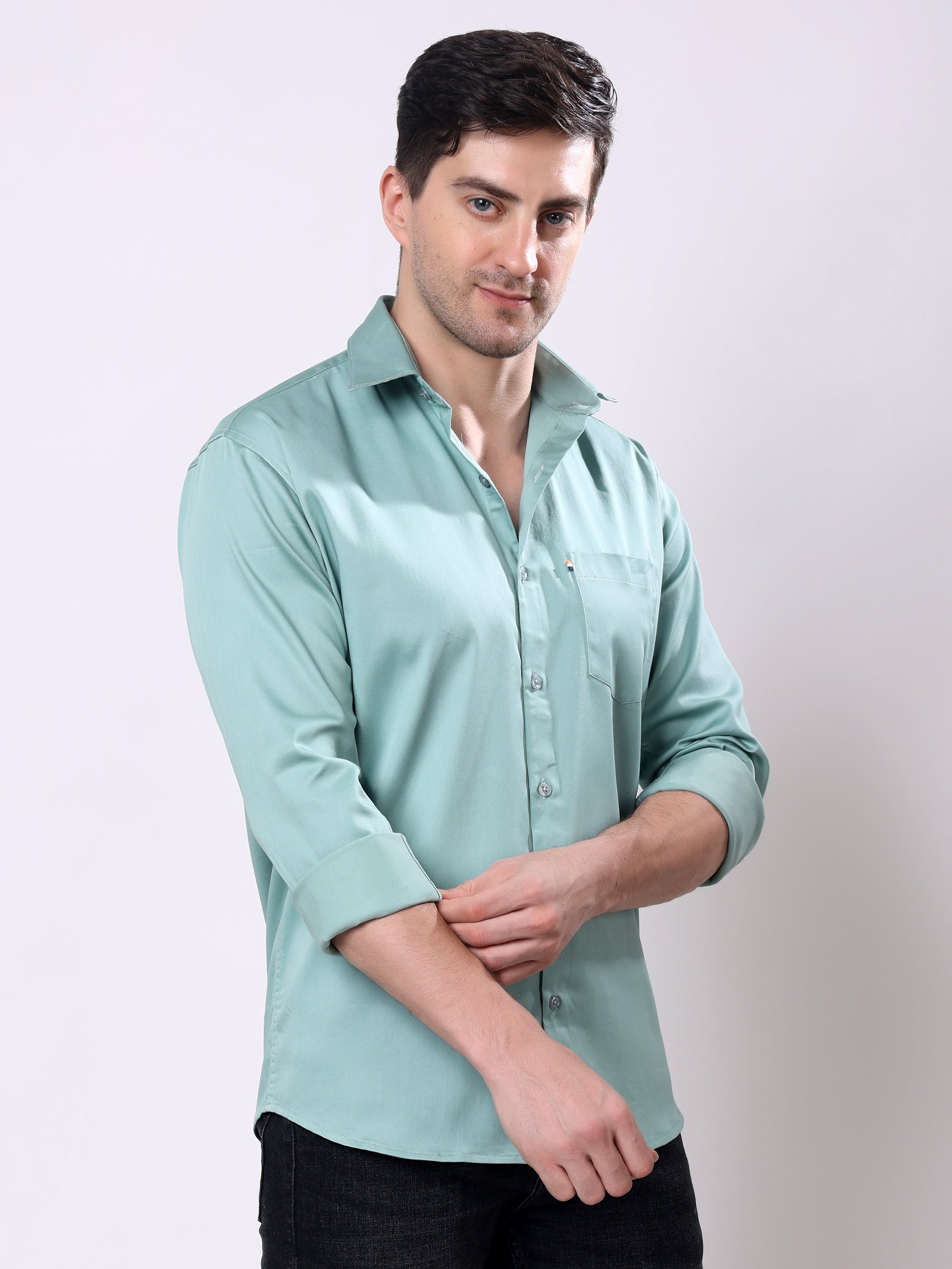 Stylox Men’s Regular Fit Full Sleeve Solid Cotton Satin Casual Shirt - Stylox