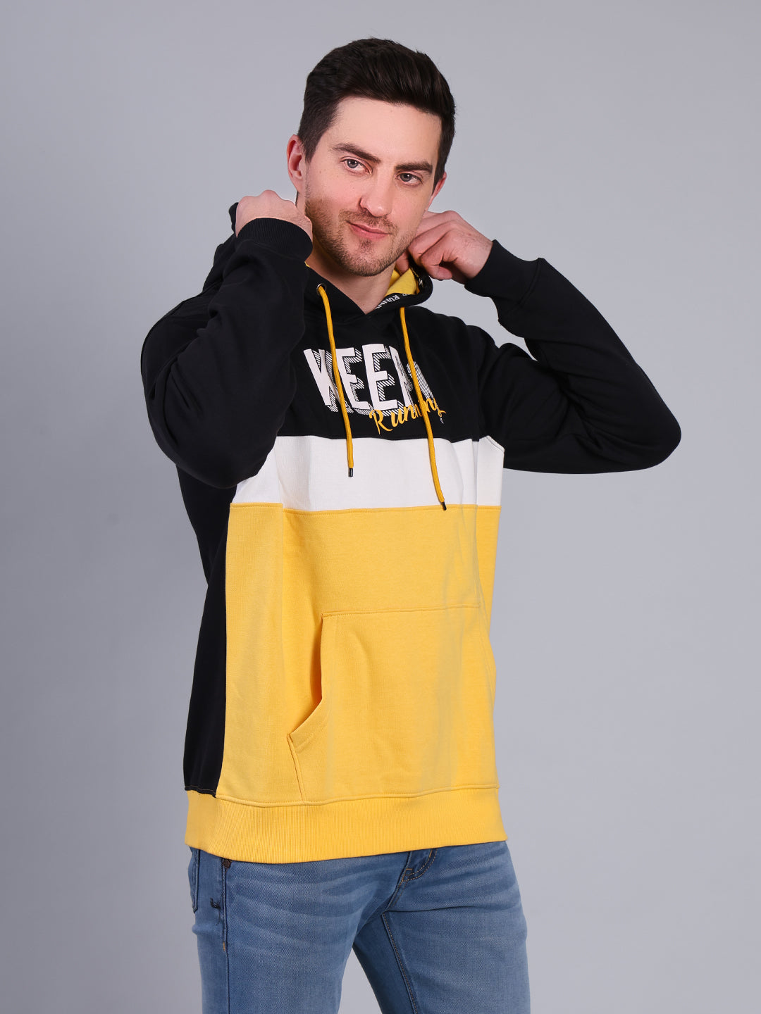 Stylox Men’s Printed Winter Hoodie | Colorblock Pullover Hoodie with Kangaroo Pocket | Warm Full Sleeve Hooded Sweatshirt - Stylox