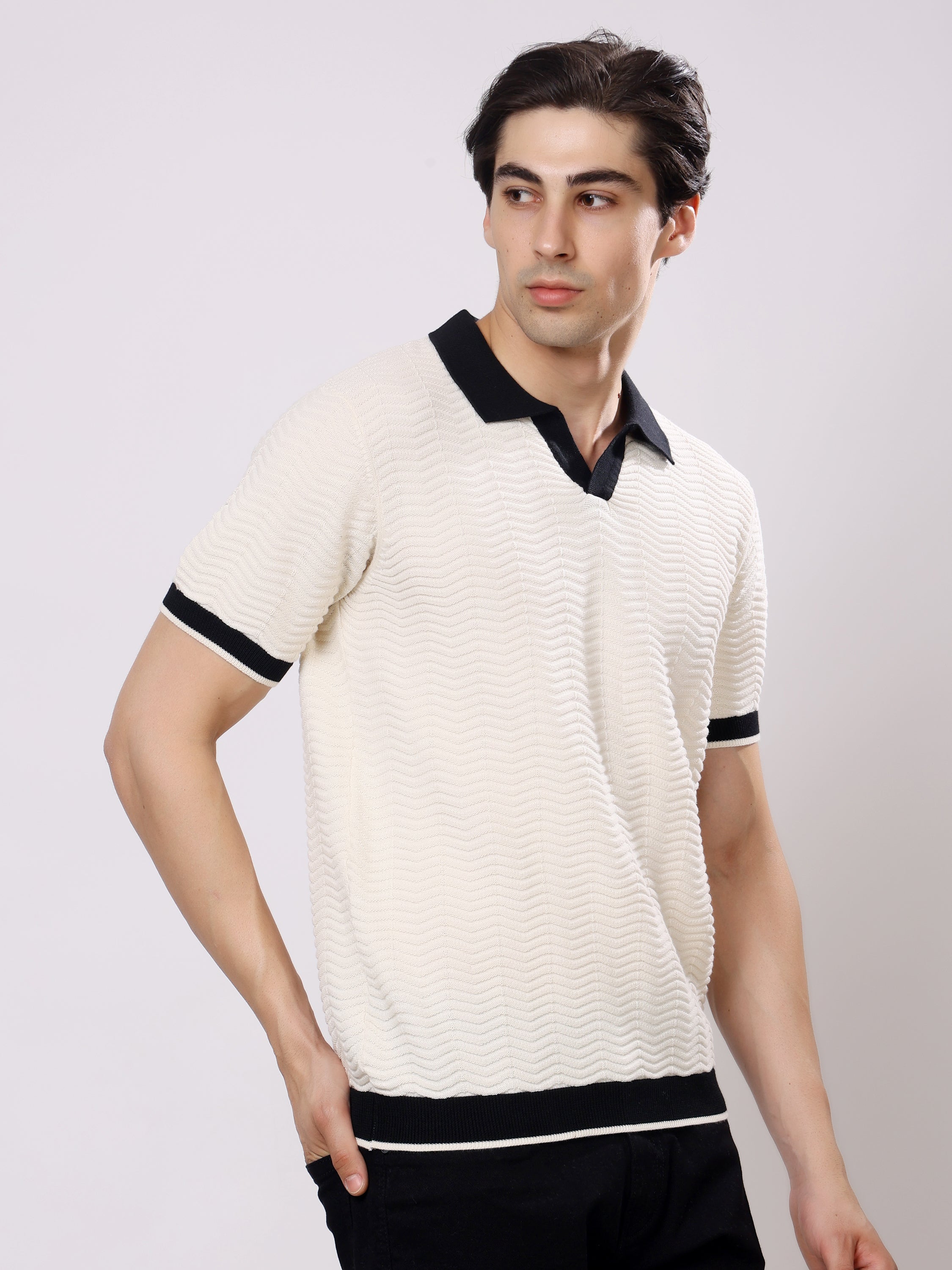 Stylox Men's Regular Fit Half Sleeve Textured Knitted Contrast Collar Polo Tee