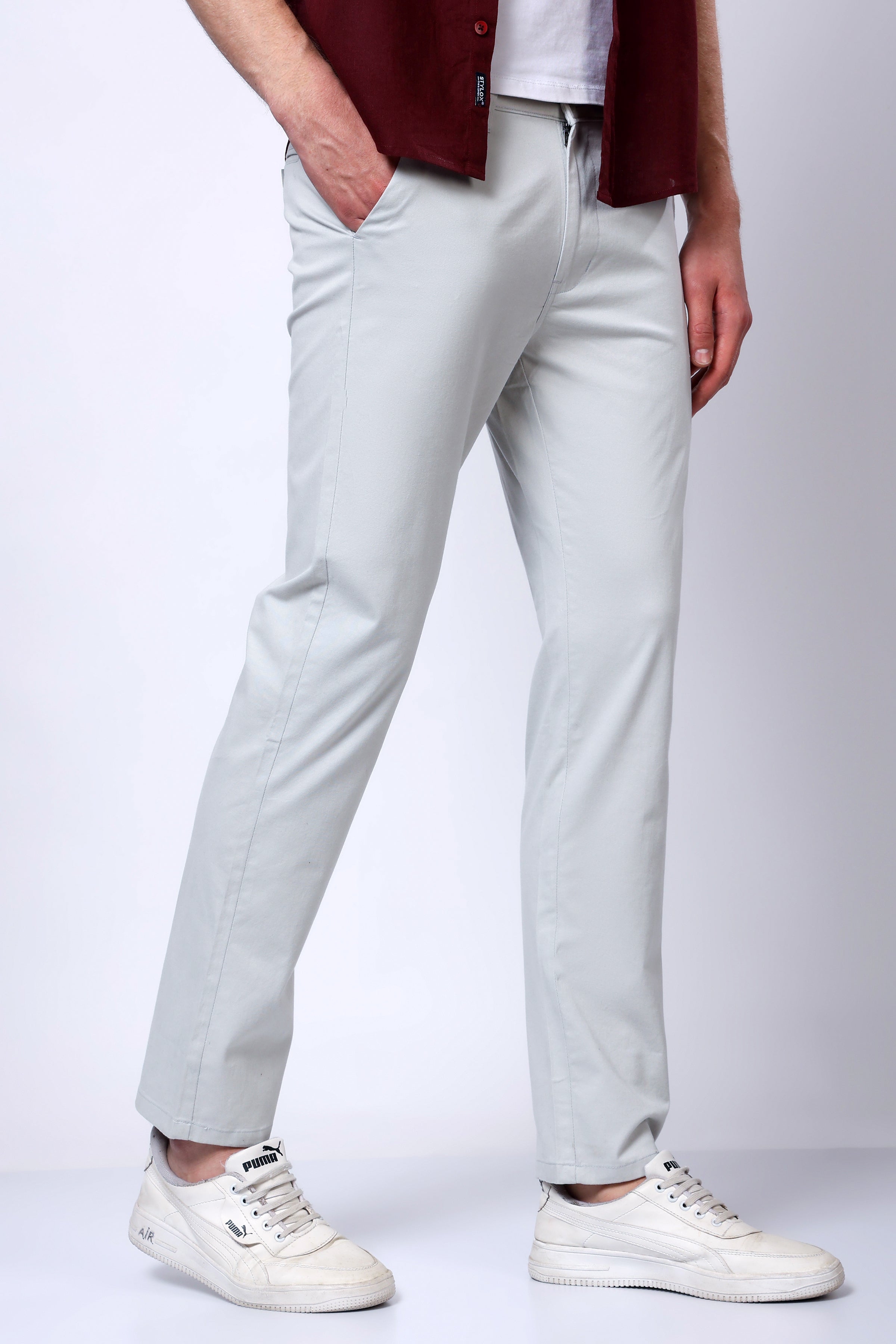 Stylox Men’s Straight Fit Casual Trousers with Comfort-Light Grey - Stylox