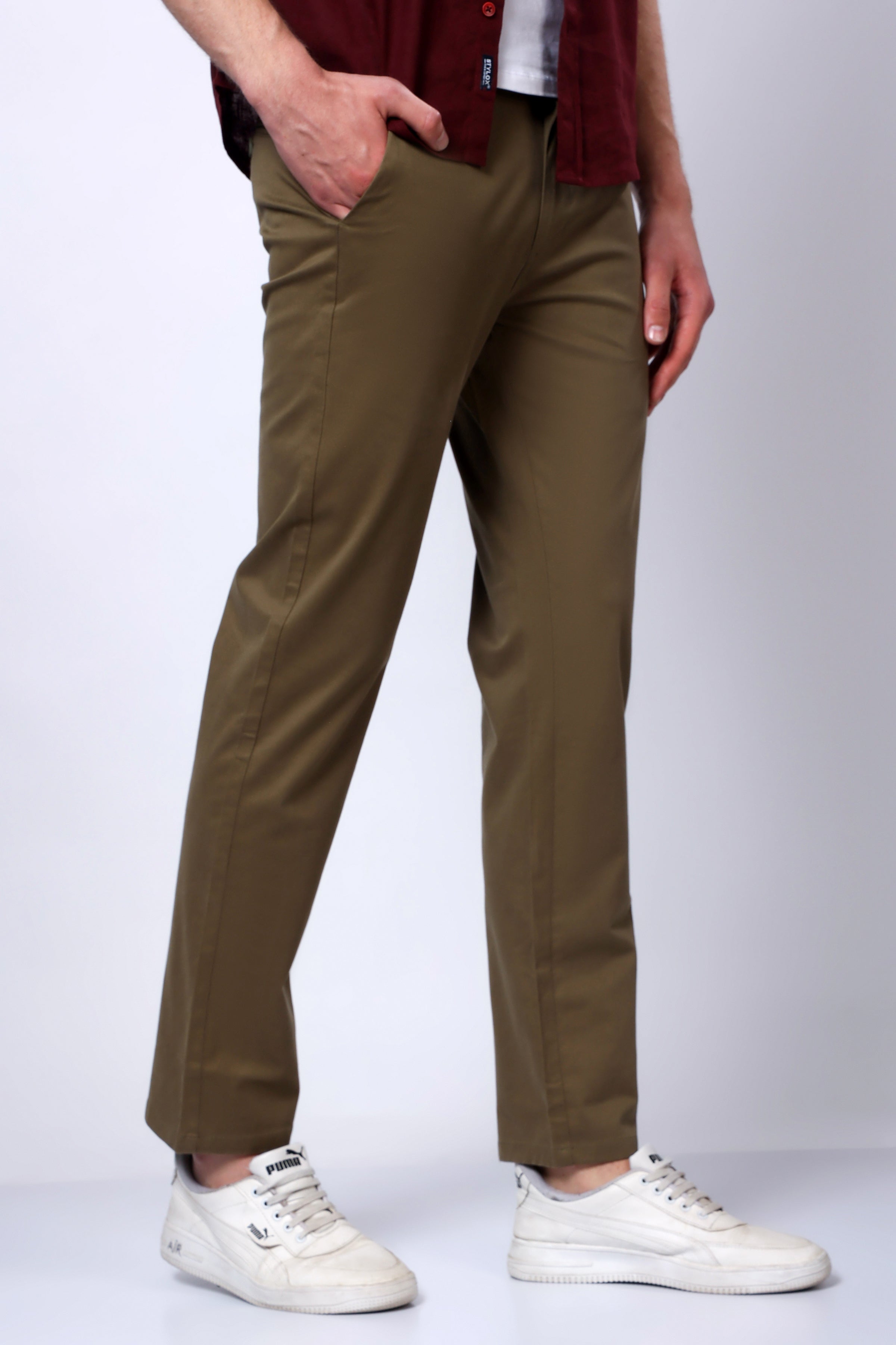 Stylox Men’s Straight Fit Casual Trousers with Comfort-Olive - Stylox