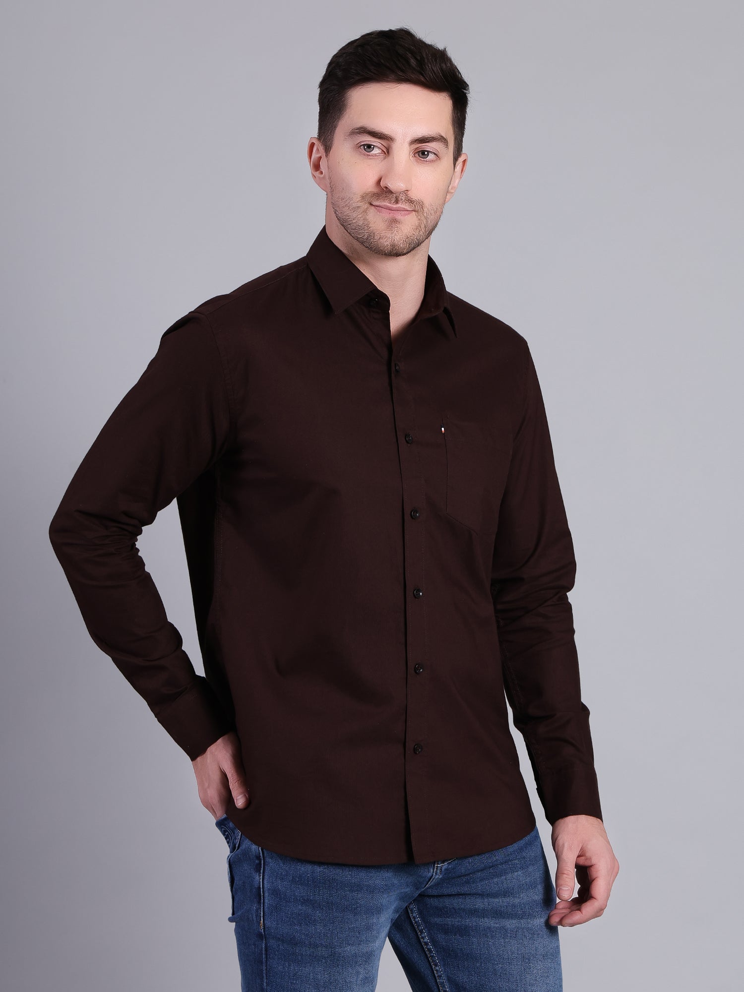 Stylox Men’s Regular Fit Solid Oxford Casual Shirt-Brown - Stylox