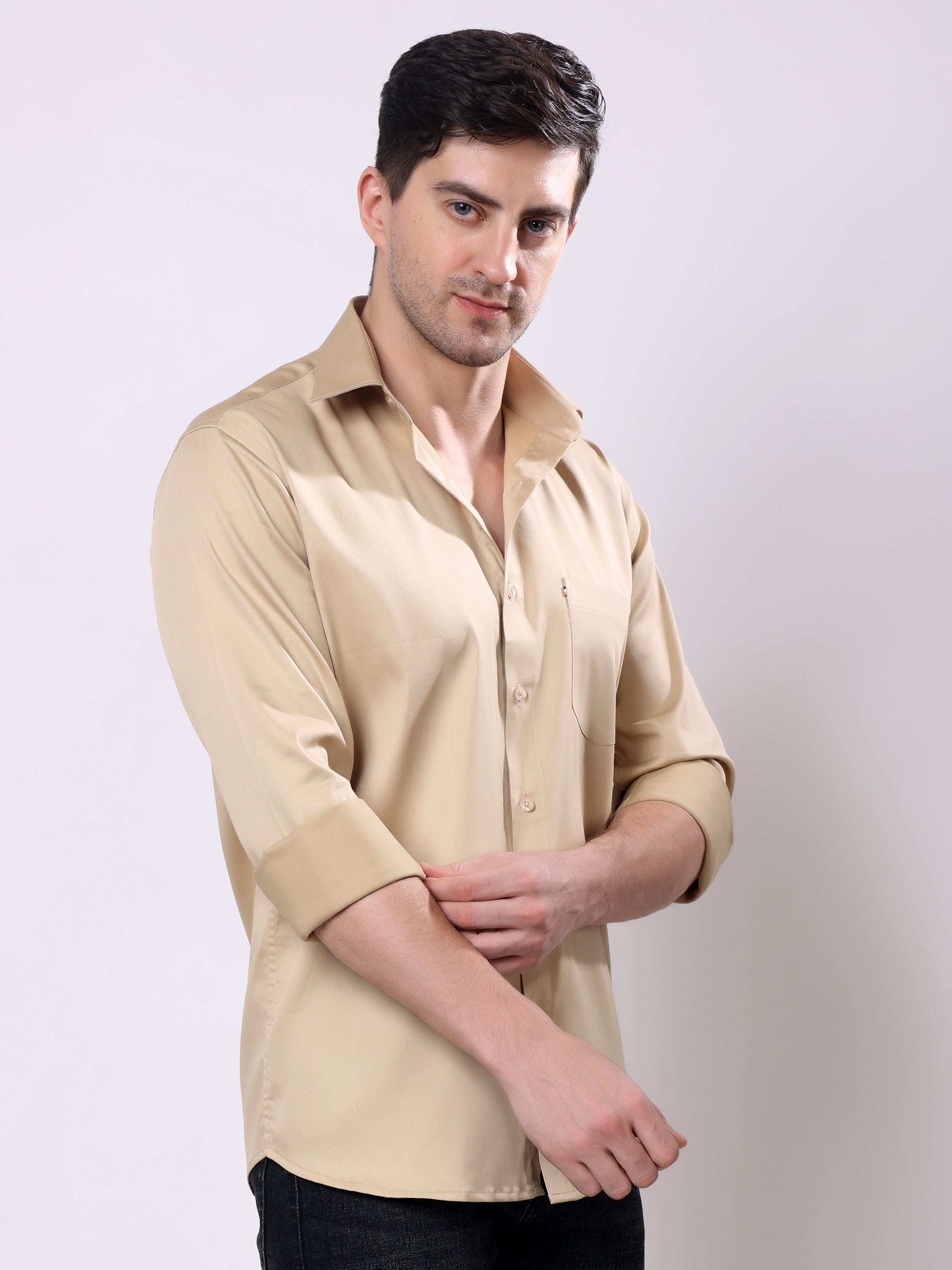 Stylox Men’s Regular Fit Full Sleeve Solid Cotton Satin Casual Shirt - Stylox