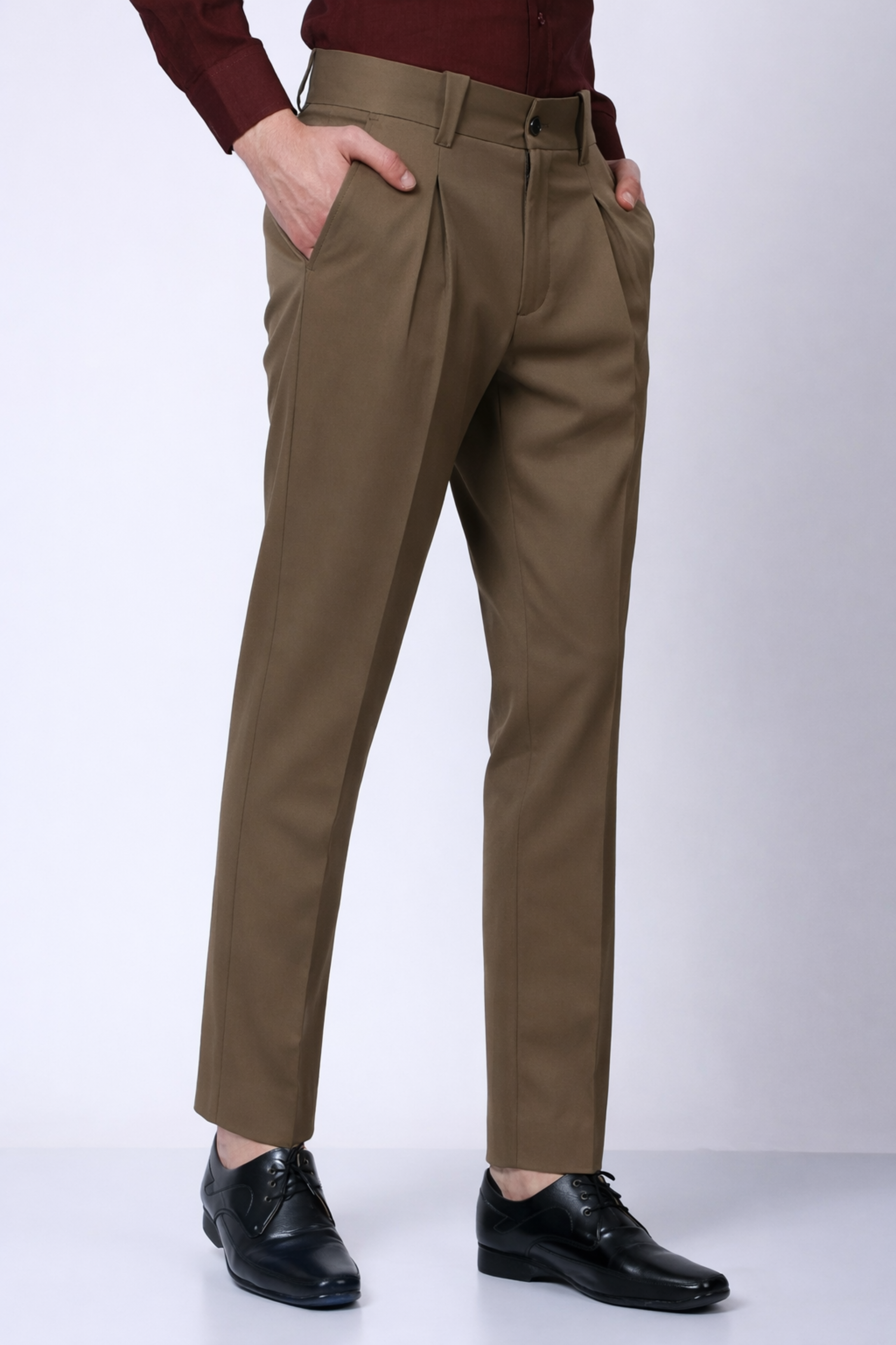 Stylox Men’s Slim Fit Pleated Formal Trousers – Premium Office Wear Pants with Side Pockets-Olive - Stylox