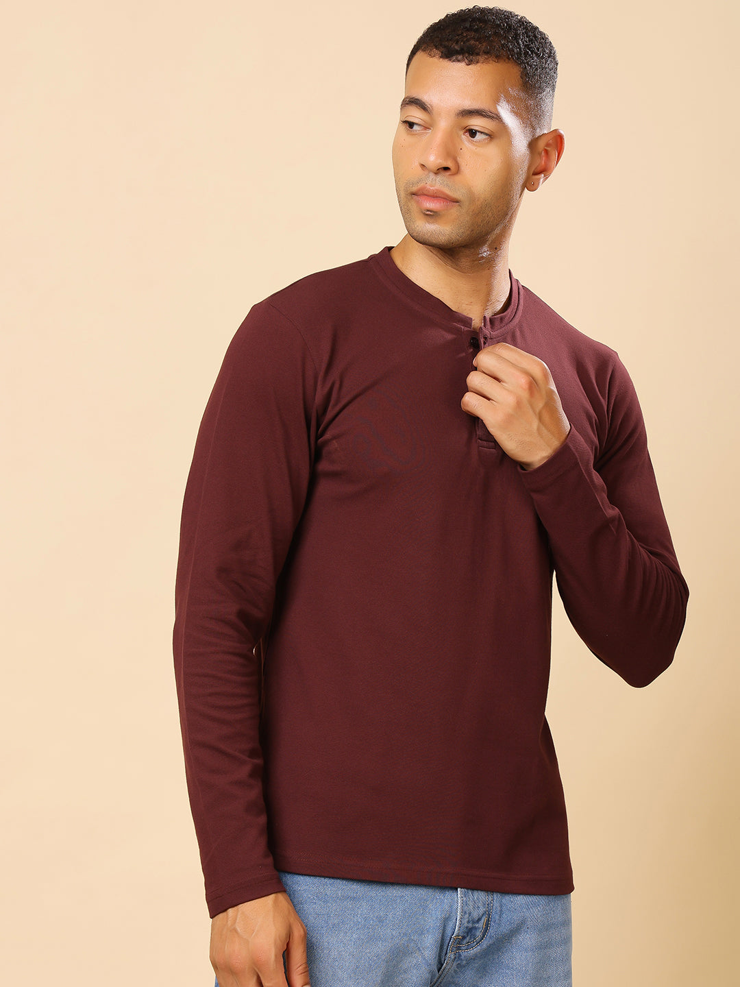 Stylox Men’s Henley Neck Full Sleeve Solid T-Shirt – Casual & Stylish Everyday Wear - Stylox