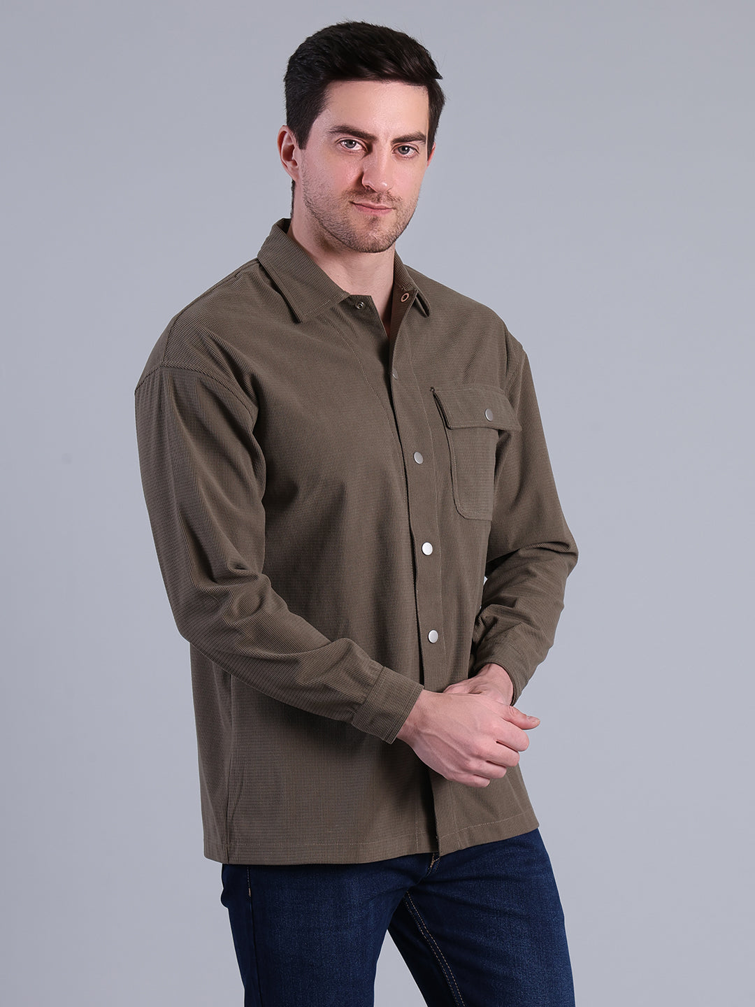 Stylox Men’s Textured Winter Shacket with Snap Button Closure (Olive)