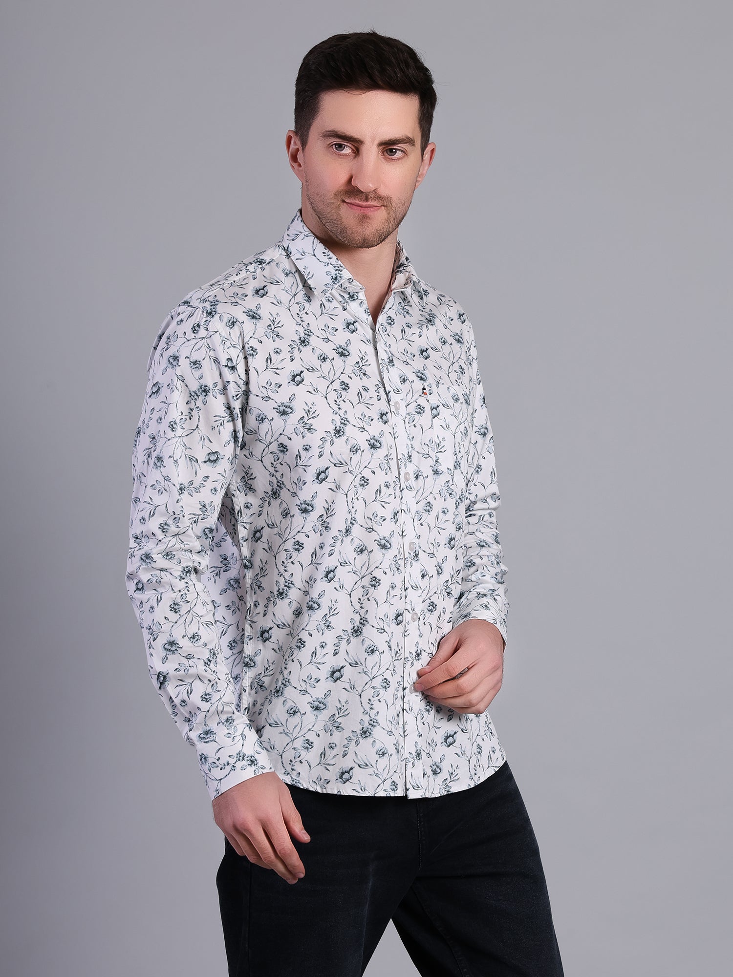 Stylox Men’s Regular Fit Full Sleeve Botanical Print Casual Cotton Shirt-White - Stylox