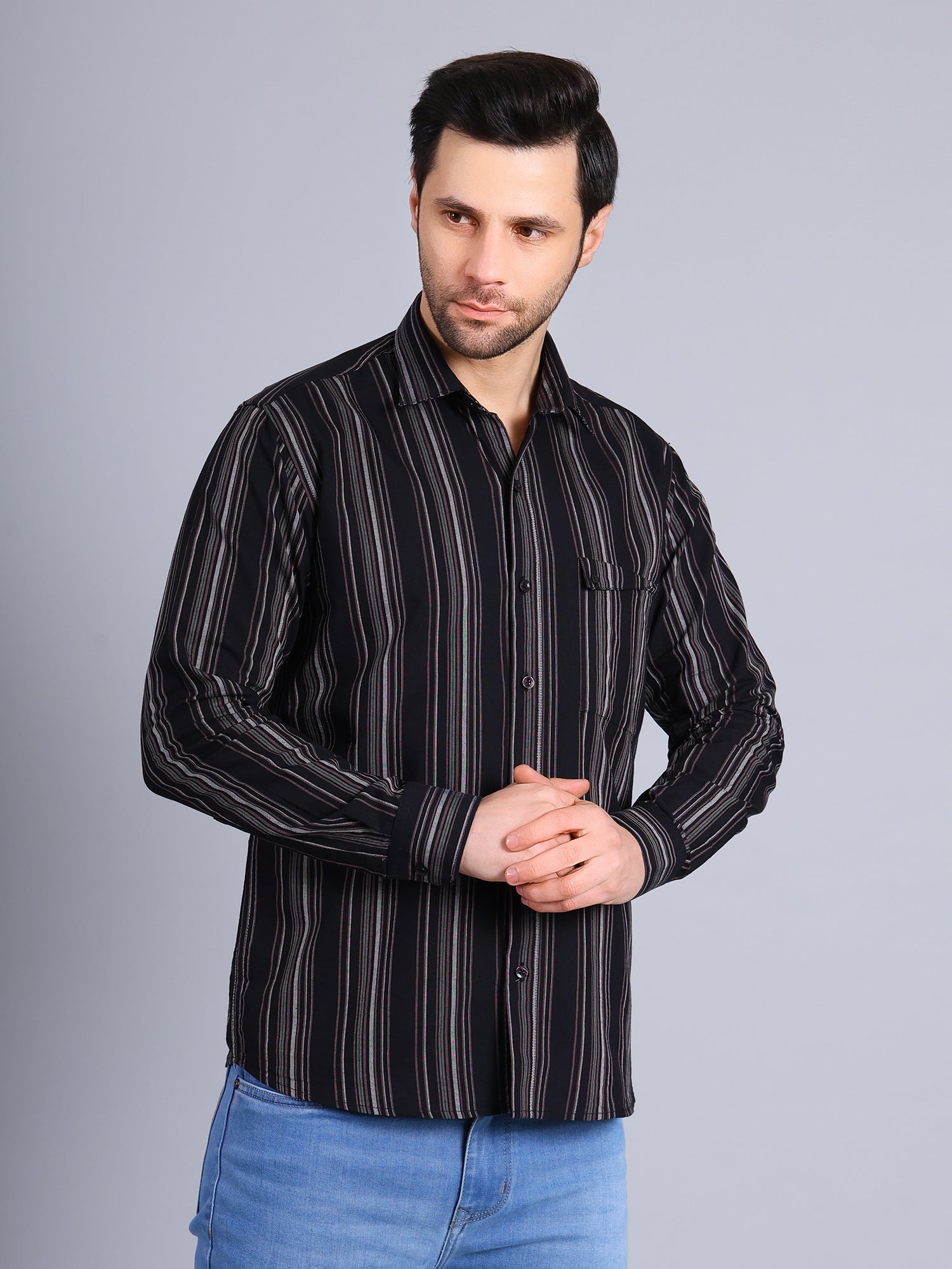 Stylox Men’s Regular Fit Full Sleeve Stripes Casual Shirt for Everyday & Office Wear (Black)