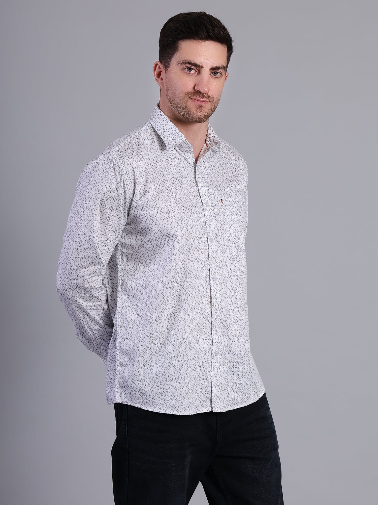 Stylox Men’s Regular Fit Full Sleeve Leaf Print Casual Cotton Shirt-White - Stylox