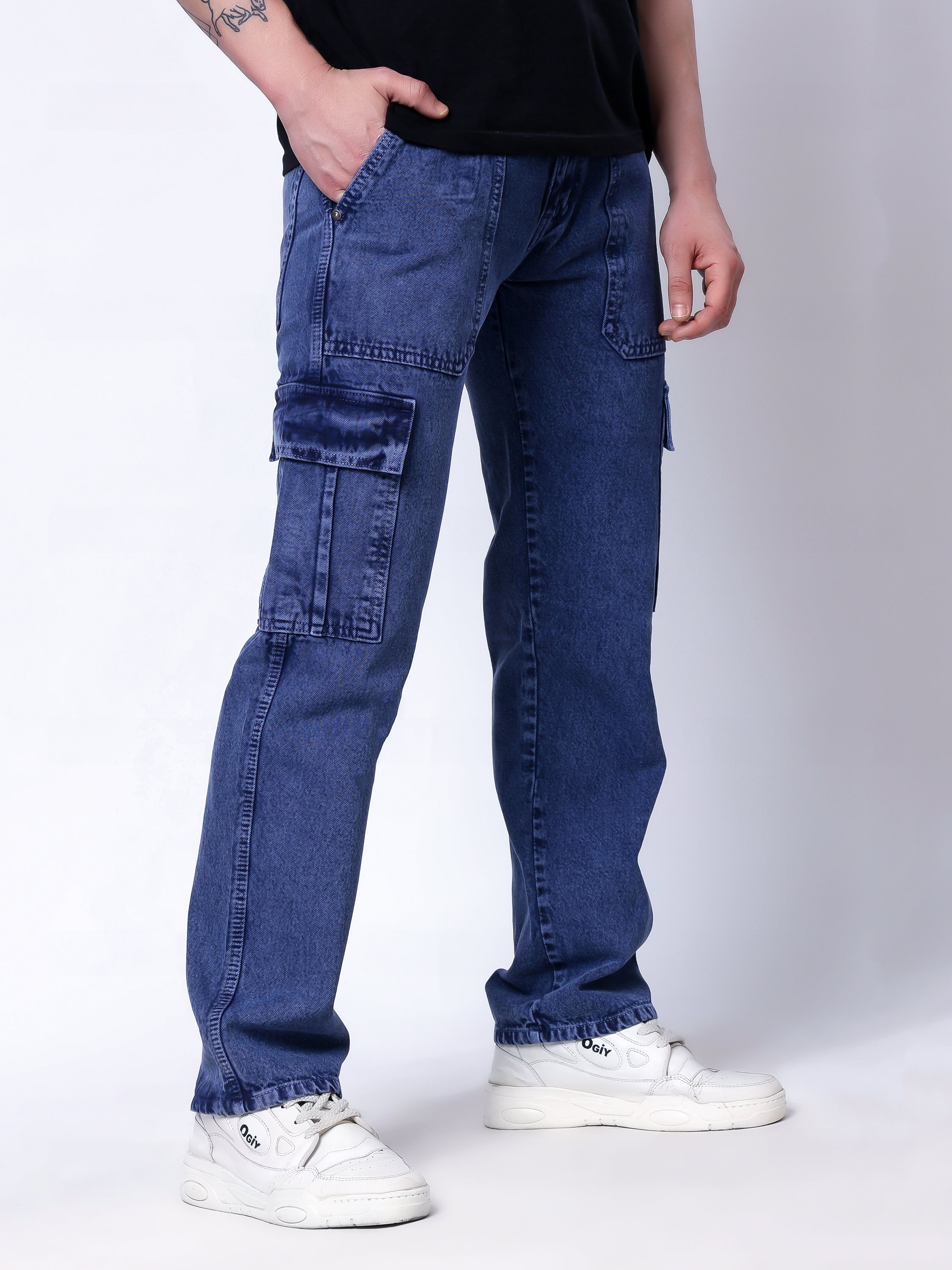 Stylox Men’s Comfort Fit Non-Stretch Cargo Jeans with Multi Pockets-Mid Light Blue
