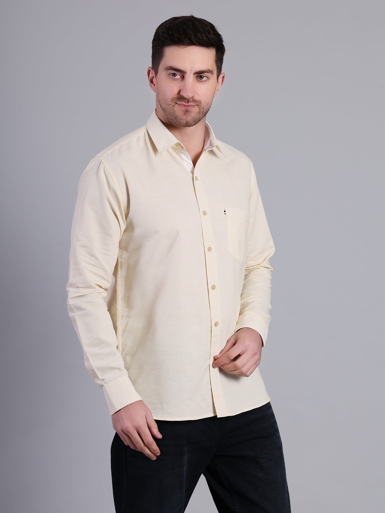 Stylox Men’s Green Striped Casual Shirt | Regular Fit Cotton Shirt for Men - Yellow - Stylox