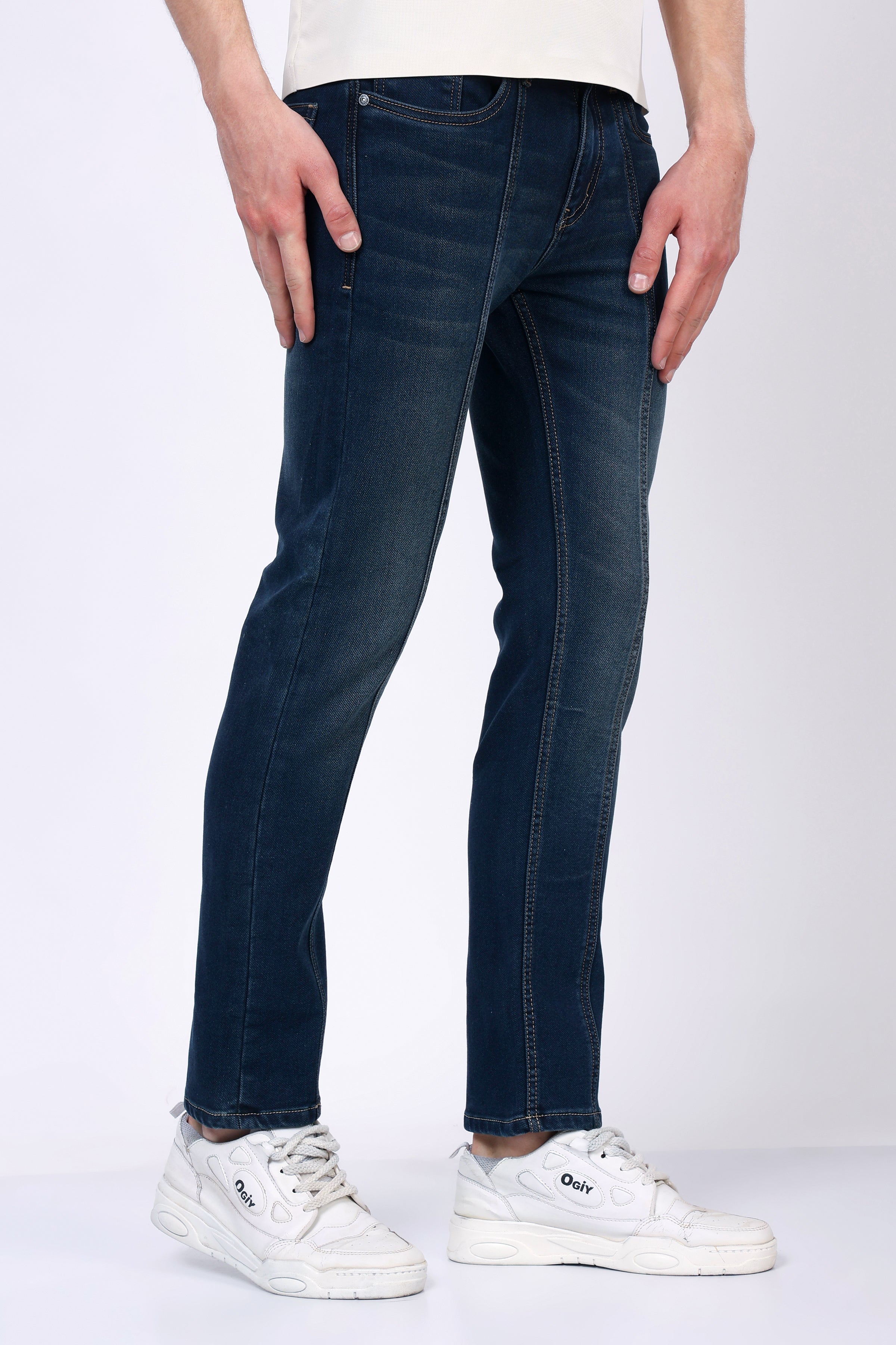 Stylox Men’s Mid-Rise Comfort Fit Stretchable Greenish Blue Denim Jeans with Panel Stitch Detailing - Stylox