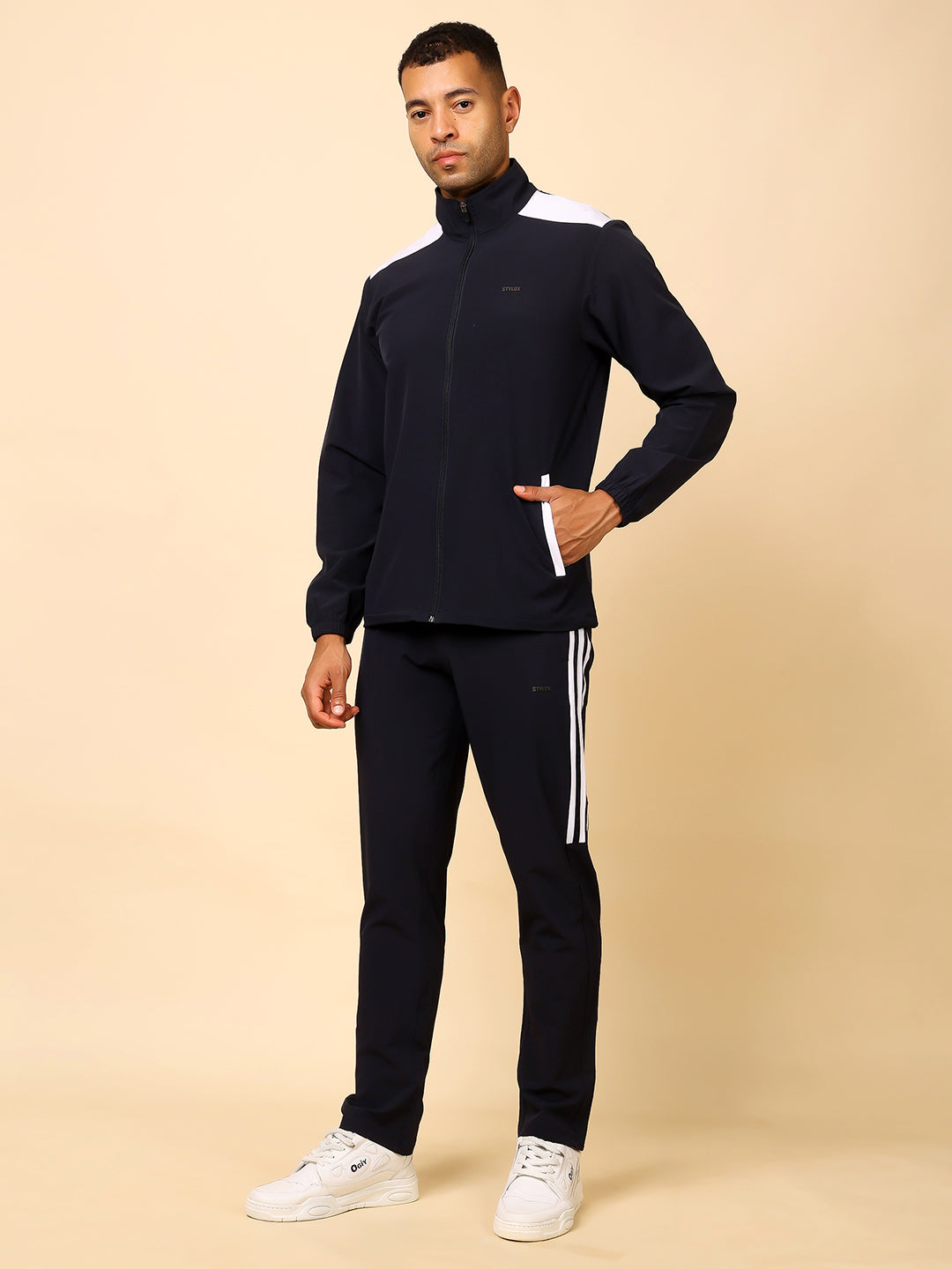 Stylox Men’s Solid Tracksuit | Full Zip High Neck Jacket & Jogger Pants Set (Navy) - Stylox