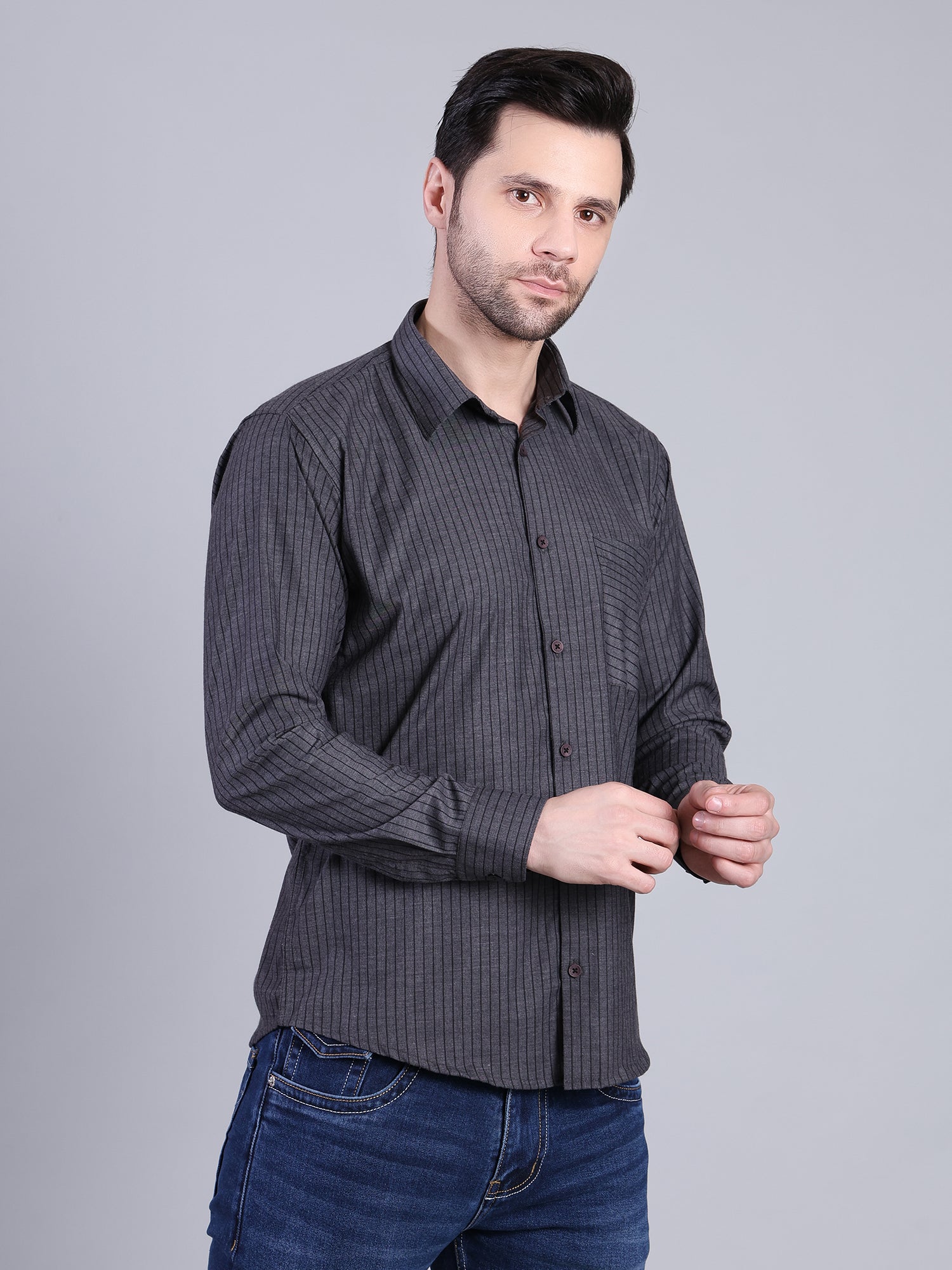 Stylox Men’s Regular Fit Vertical Striped Full Sleeve Casual Shirt-Charcoal - Stylox