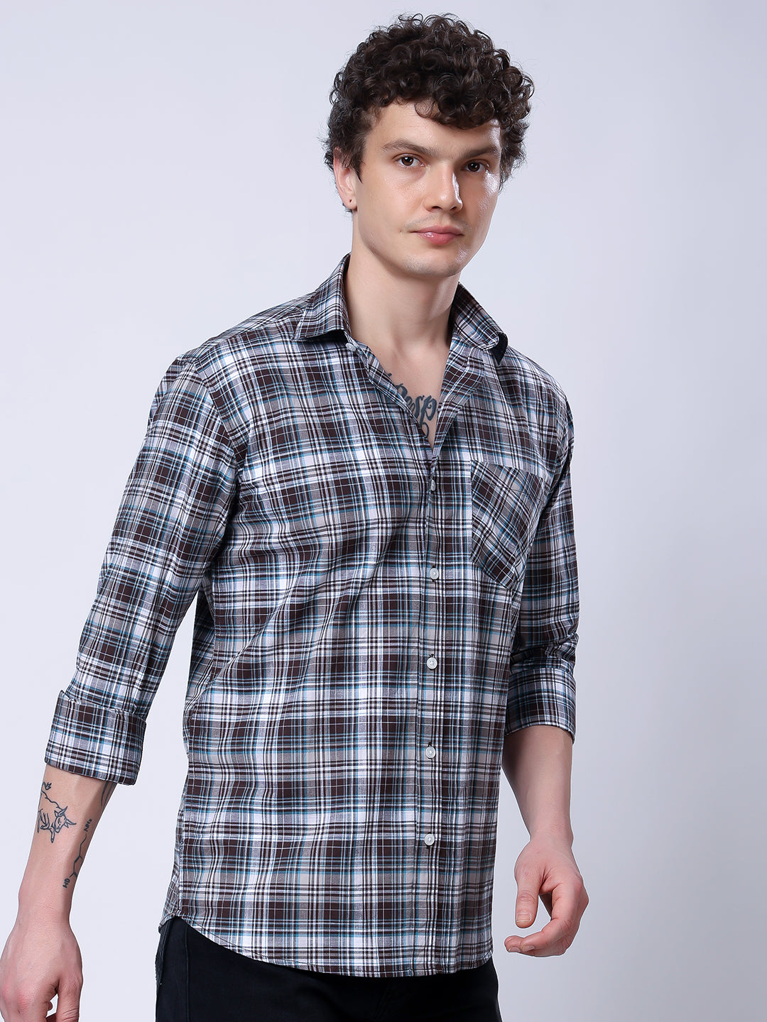 Stylox Men’s Regular Fit Full Sleeve Casual Check Shirt–Grey & Brown - Stylox