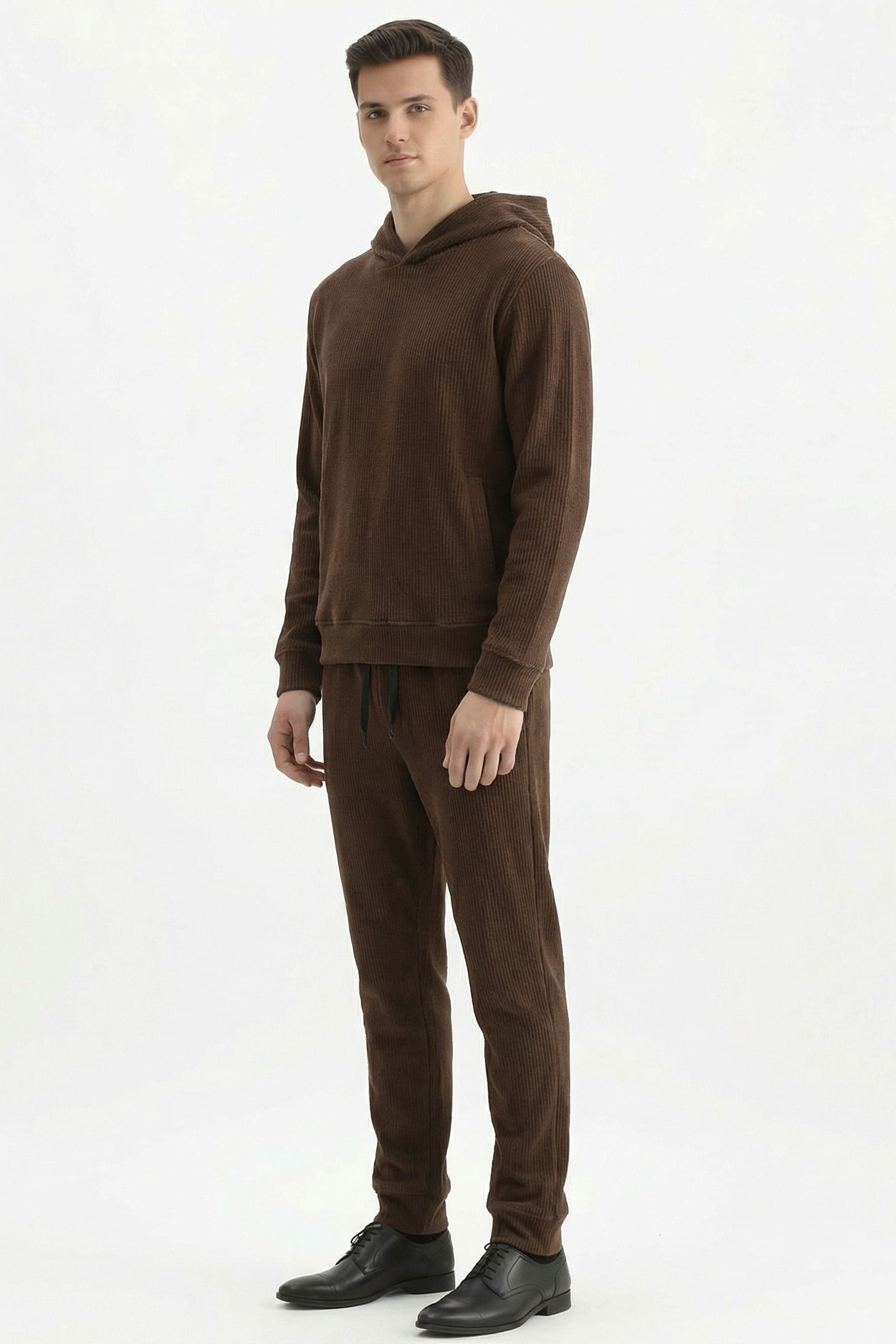 Stylox Men’s Regular Fit Ribbed Tracksuit Set (Hooded Sweatshirt + Jogger Pants) (Light Brown) - Stylox