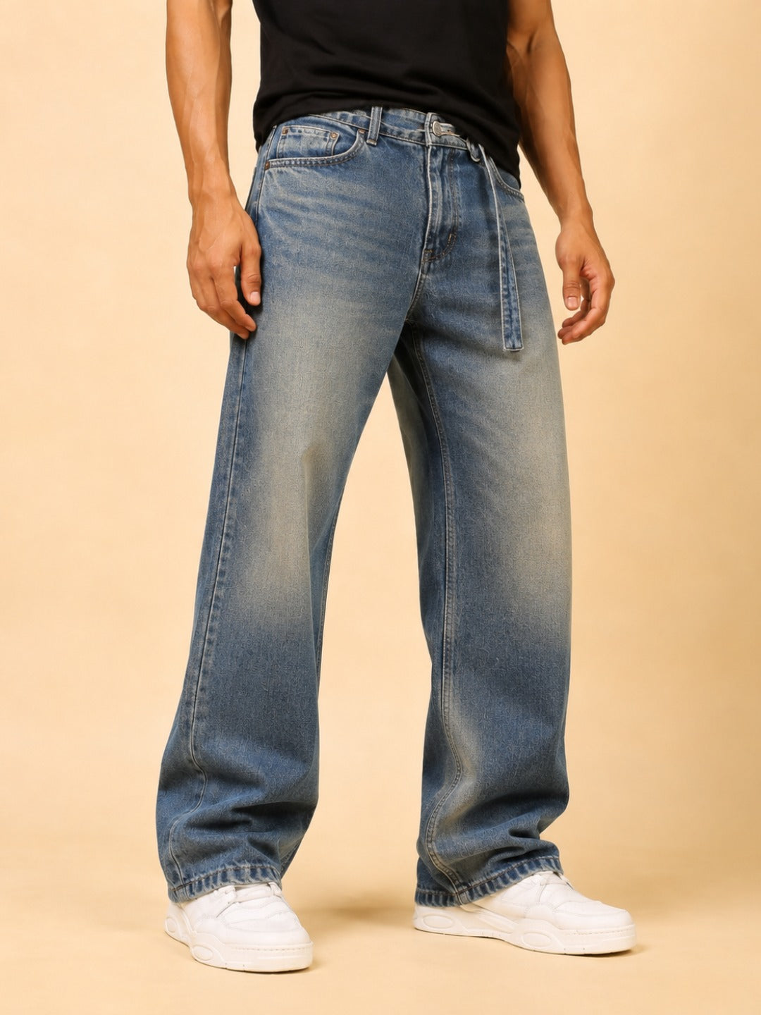 Stylox Men’s Baggy Fit Stretchable Wide Leg Denim Jeans with Tie-Waist Detail