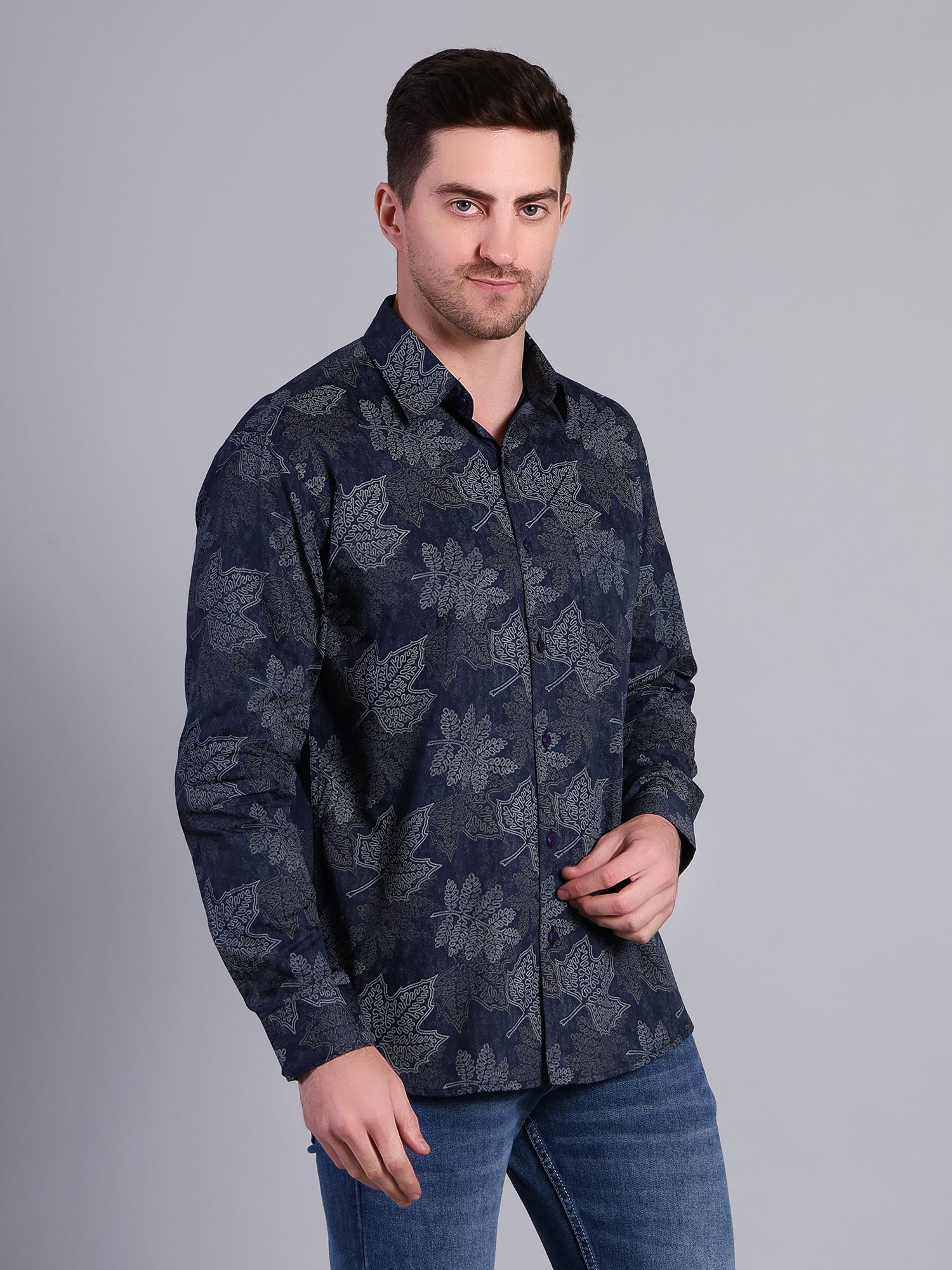 Stylox Men’s Regular Fit Leaf Printed Full Sleeve Casual Shirt-Blue - Stylox