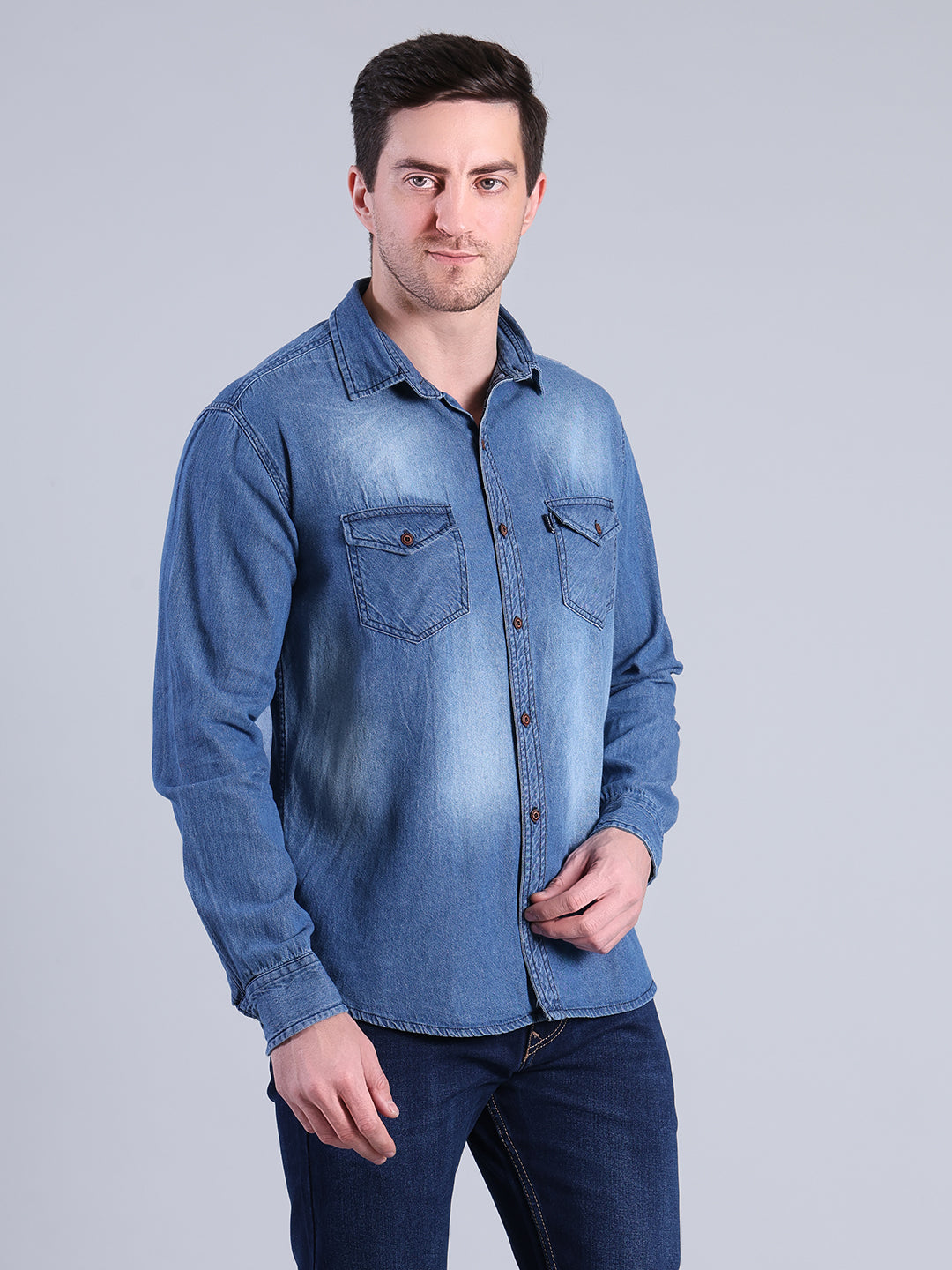 Stylox Men’s Light Wash Denim Shirt with Dual Chest Pockets - Stylox