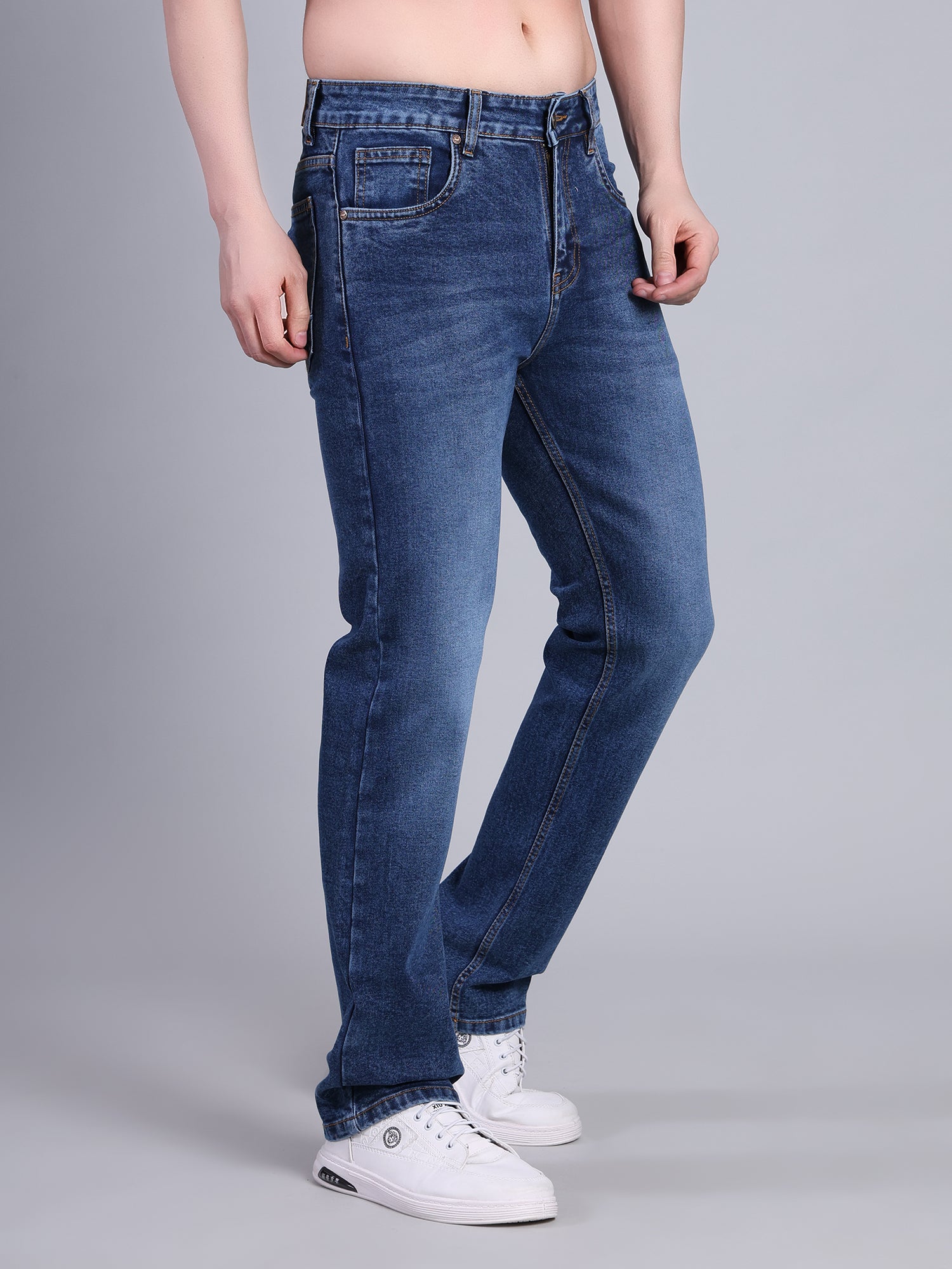 Stylox Men’s Mid-Rise Straight Fit Classic Washed Denim Jeans-Mid Blue - Stylox