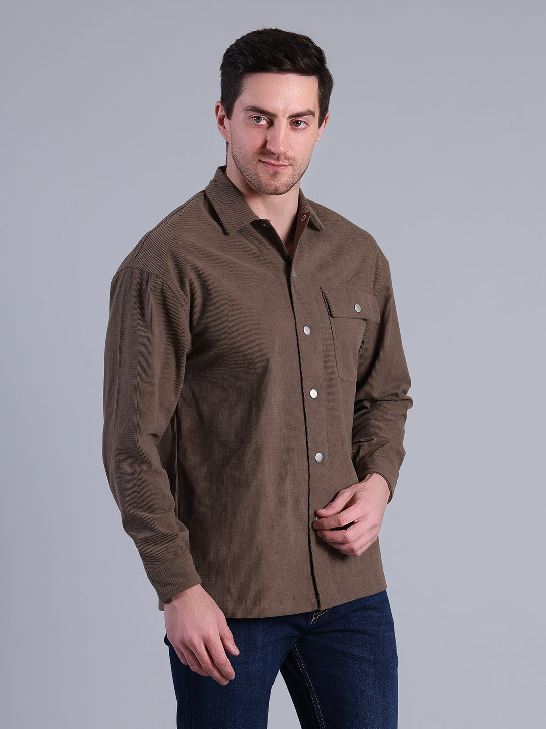 Stylox Men’s Textured Winter Shacket with Snap Button Closure (Khaki)