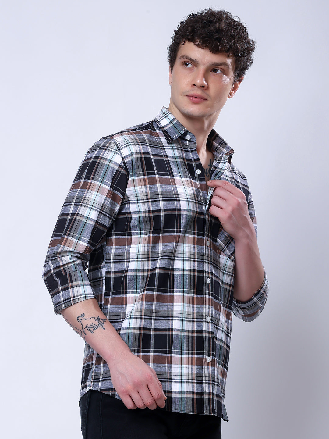 Stylox Men’s Regular Fit Full Sleeve Casual Check Shirt–Grey & Black - Stylox