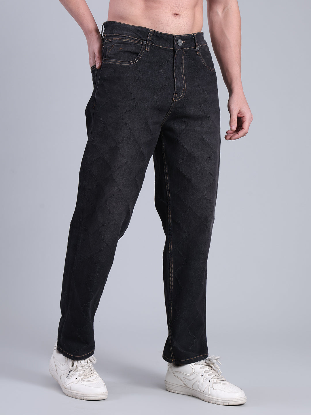 Stylox Men’s Loose Fit Mid-Rise Black Washed Denim Jeans - Stylox