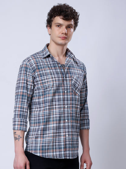 Stylox Men’s Regular Fit Full Sleeve Casual Check Shirt–Grey &amp; Brown - Stylox