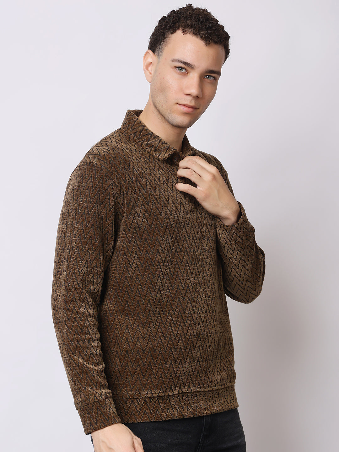 Stylox Men’s Textured Winter Sweatshirt – Chevron Pattern Pullover with Collar & Button Placket