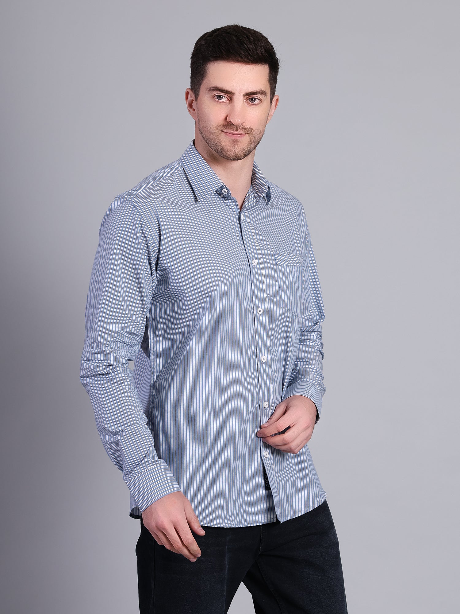 Stylox Men’s Regular Fit Vertical Striped Full Sleeve Casual Shirt-Blue - Stylox