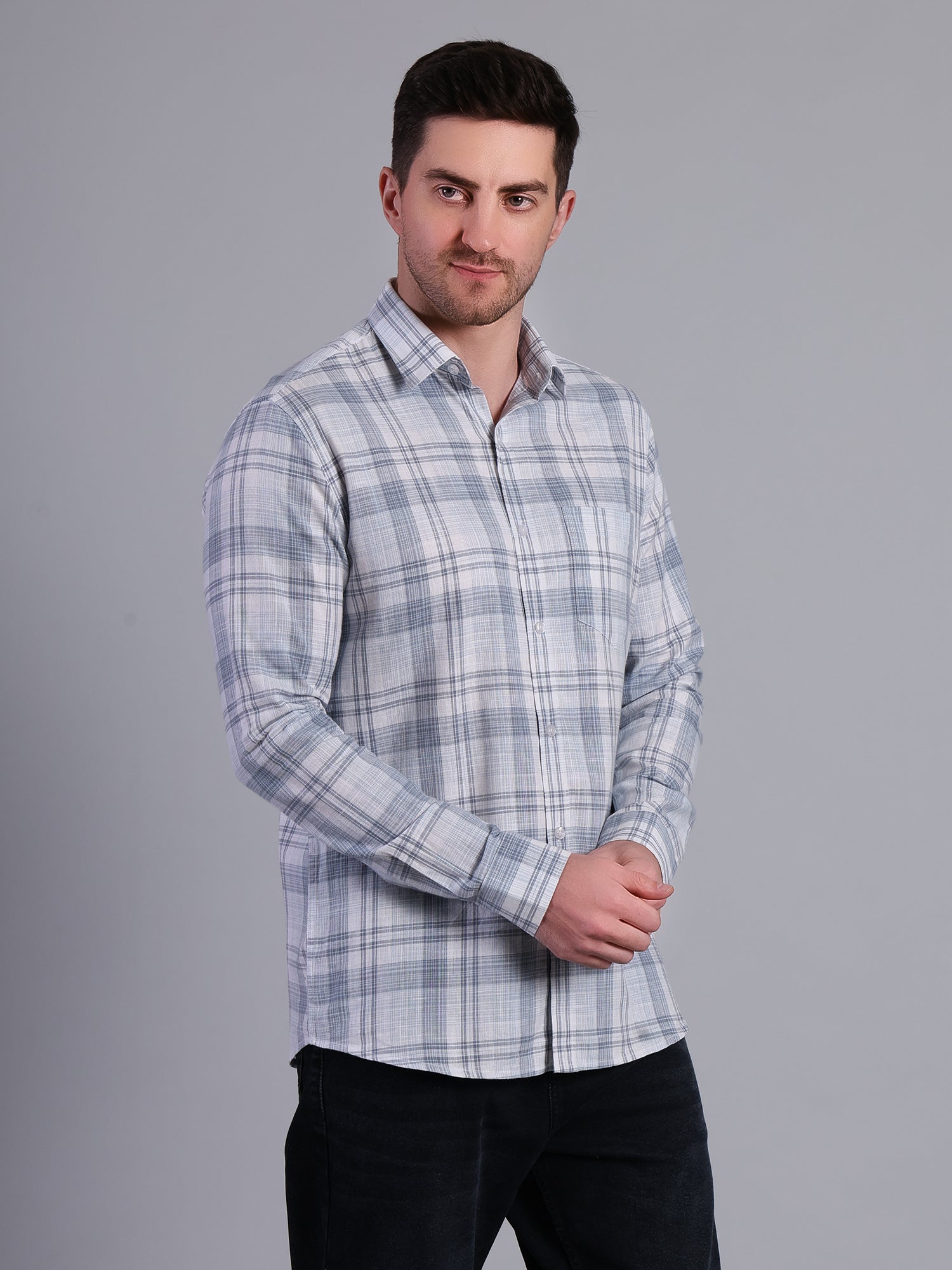 Stylox Men’s Regular Fit Checked Full Sleeve Casual Shirt-Mist Blue - Stylox