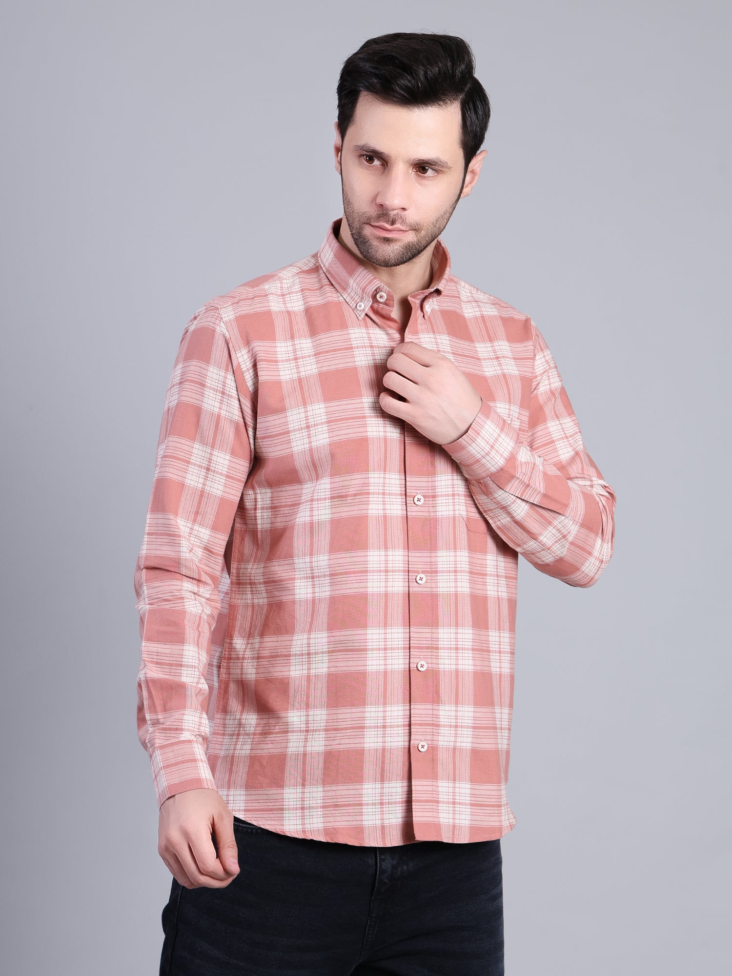 Stylox Men’s Checkered Full Sleeve Casual Shirt-Coral - Stylox