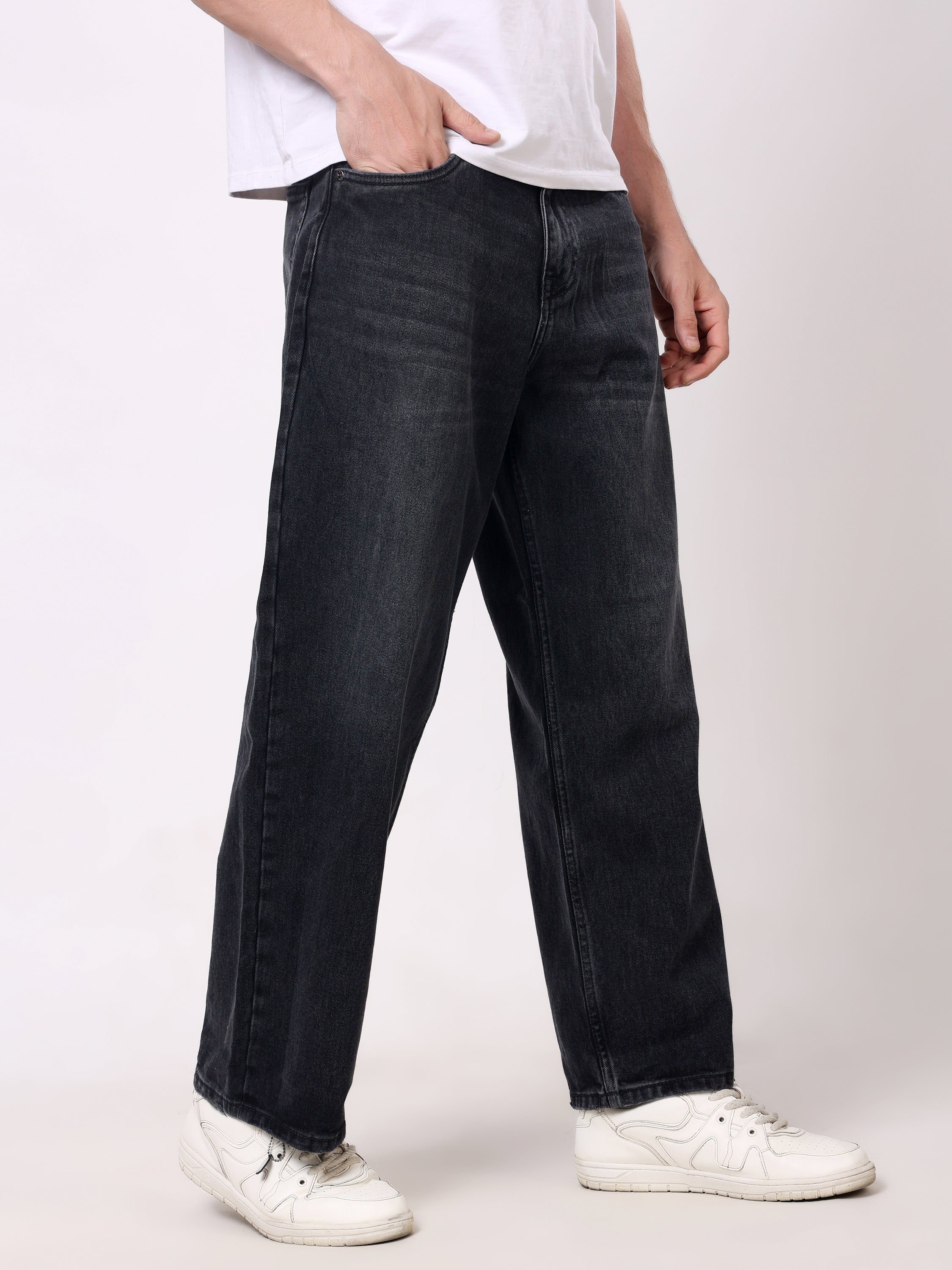 Stylox Men's Estern Black Super Baggy Fit Non-Stretchable Denim Jeans