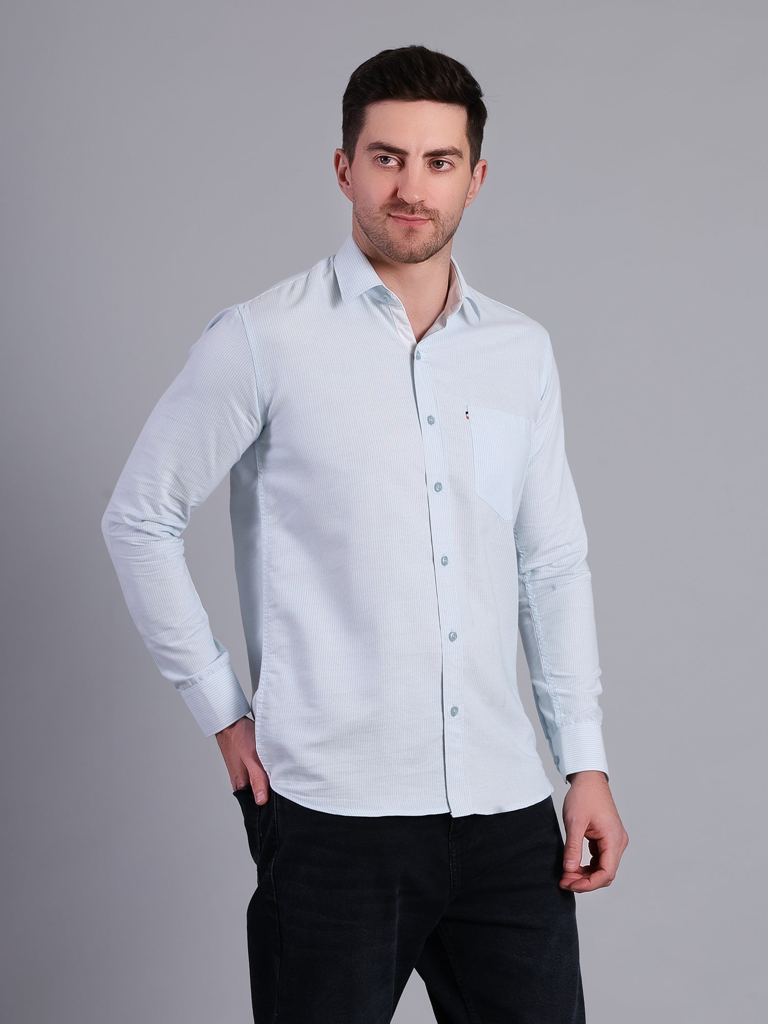 Stylox Men’s Green Striped Casual Shirt | Regular Fit Cotton Shirt for Men-Sky Blue - Stylox