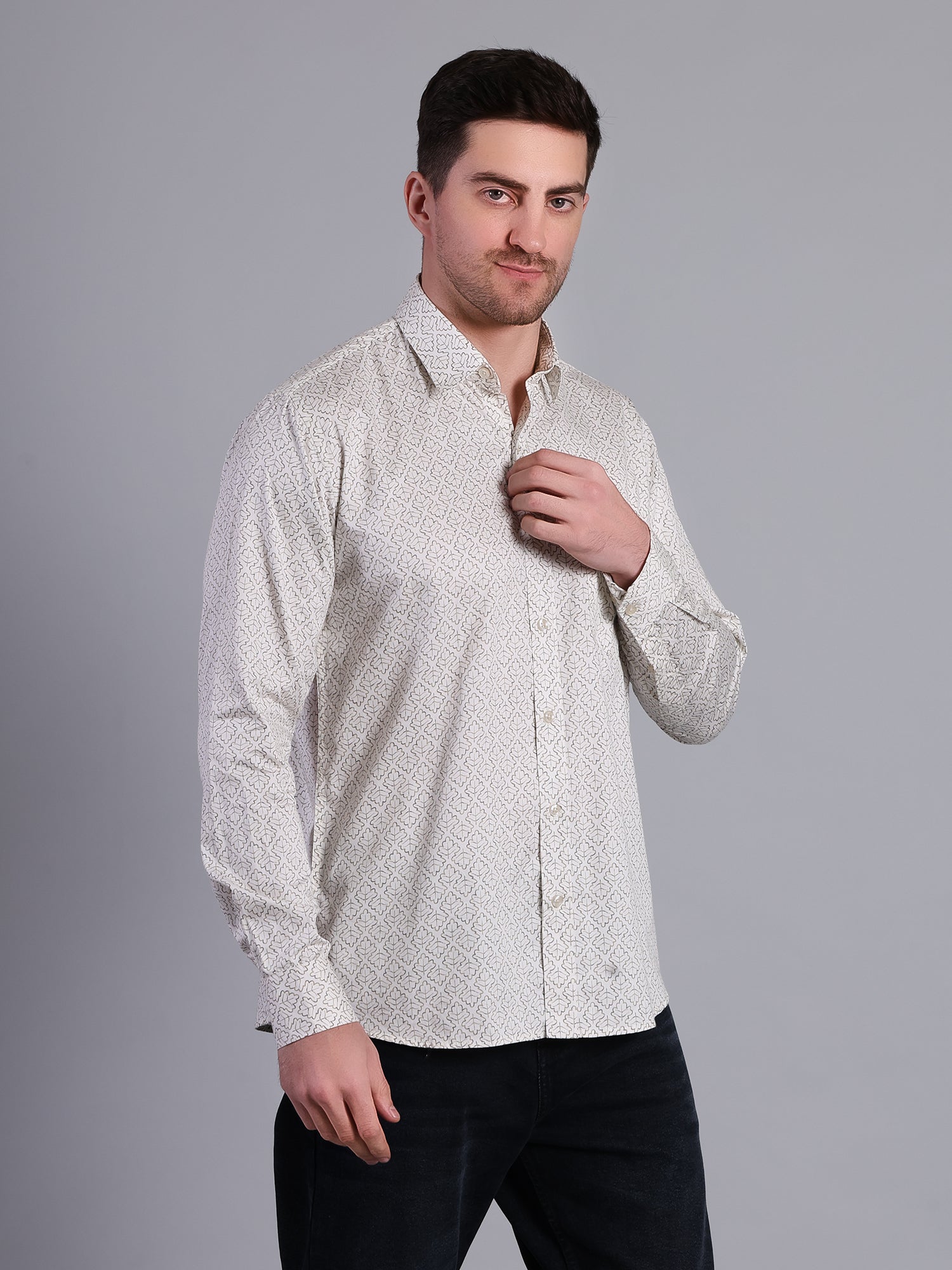 Stylox Men’s Regular Fit Full Sleeve Leaf Print Casual Cotton Shirt-Off White - Stylox