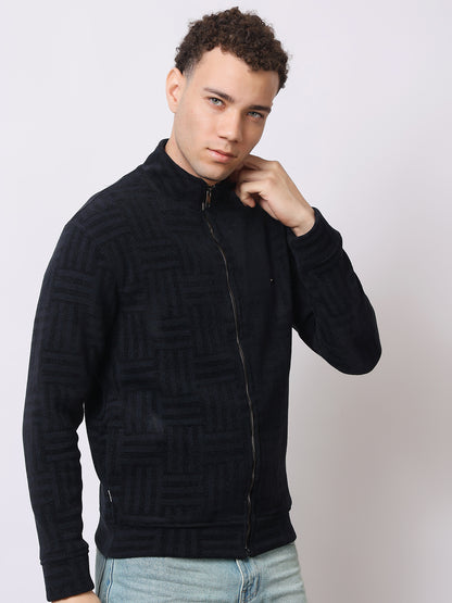 Stylox Men’s Black Textured Full-Zip Winter Jacket – Warm Fleece-Lined High Neck Sweatshirt for Casual Wear