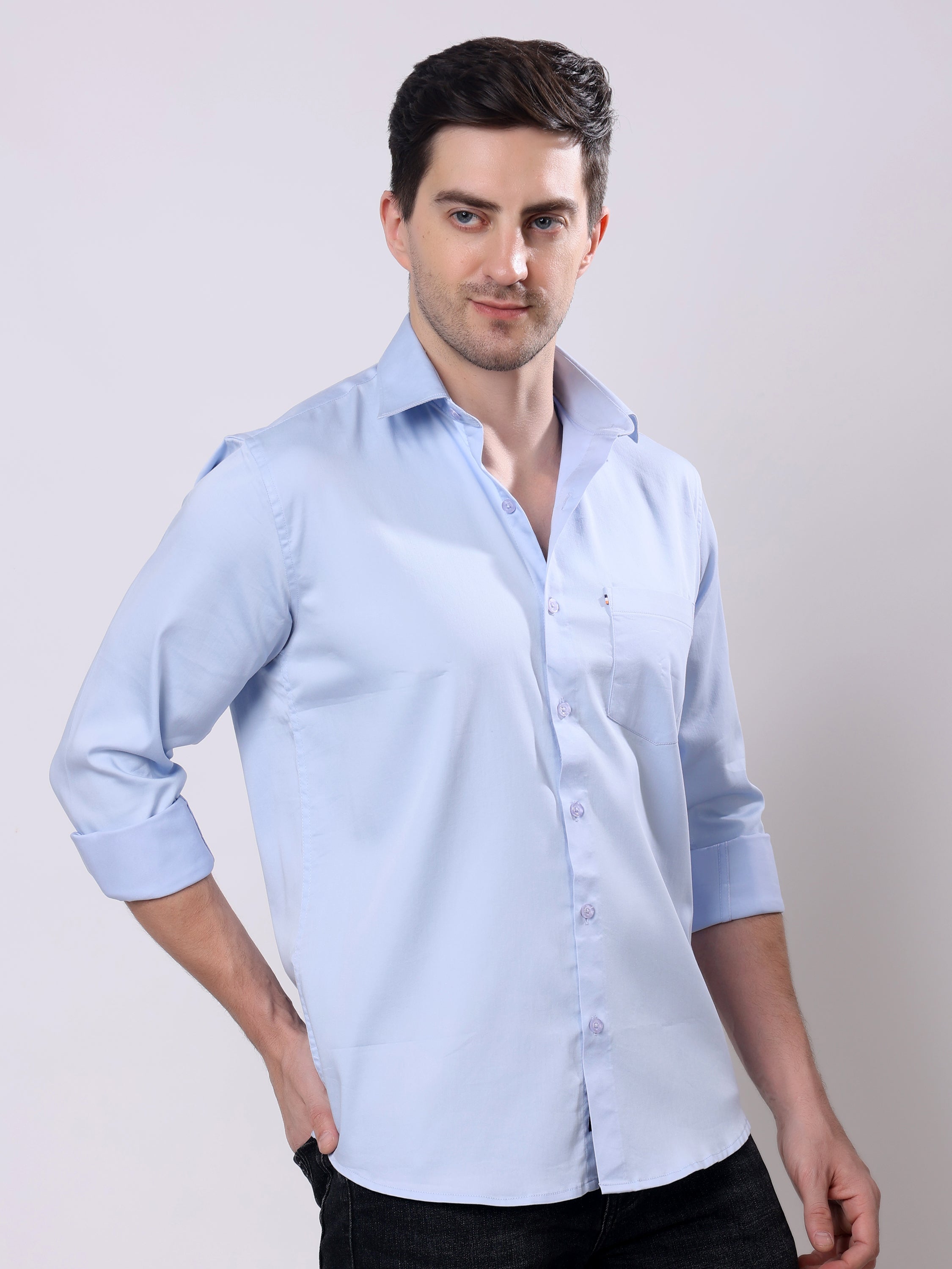 Stylox Men’s Regular Fit Full Sleeve Solid Cotton Satin Casual Shirt - Stylox