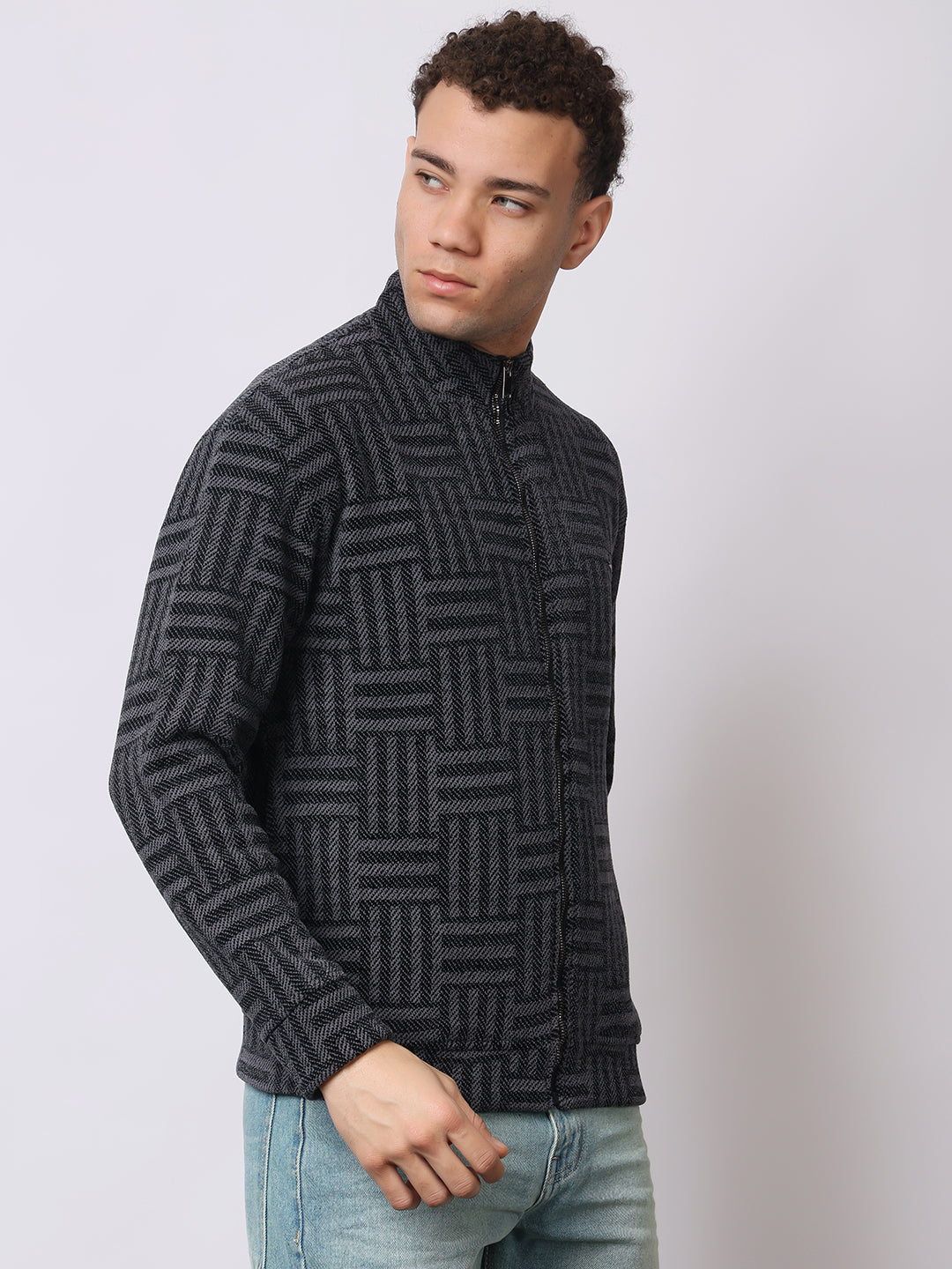 Stylox Men’s Black Textured Full-Zip Winter Jacket – Warm Fleece-Lined High Neck Sweatshirt for Casual Wear