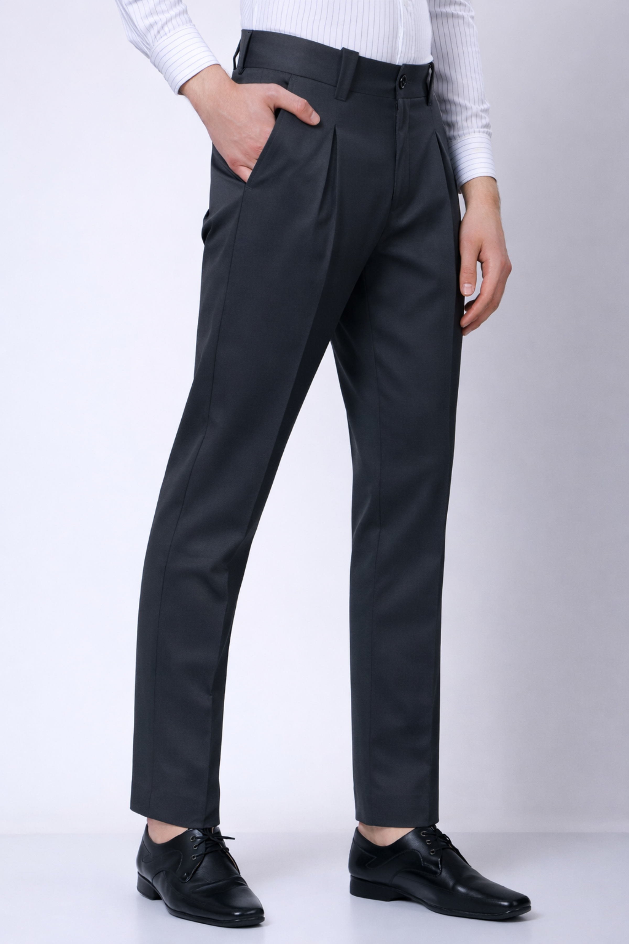Stylox Men’s Slim Fit Pleated Formal Trousers – Premium Office Wear Pants with Side Pockets-Dark Grey - Stylox