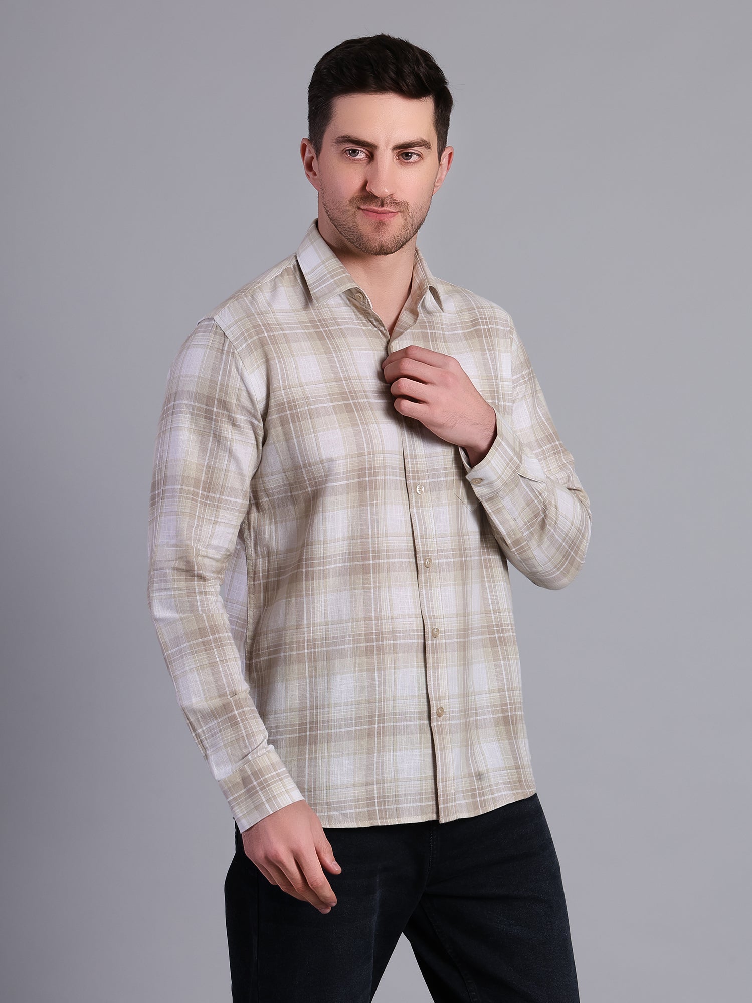 Stylox Men’s Regular Fit Checked Full Sleeve Casual Shirt-Sand - Stylox
