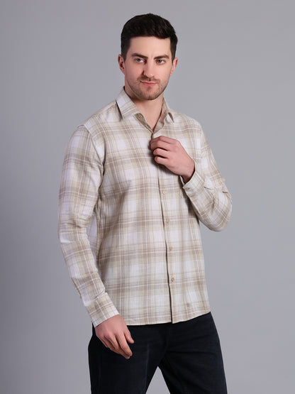 Stylox Men’s Regular Fit Checked Full Sleeve Casual Shirt-Sand - Stylox