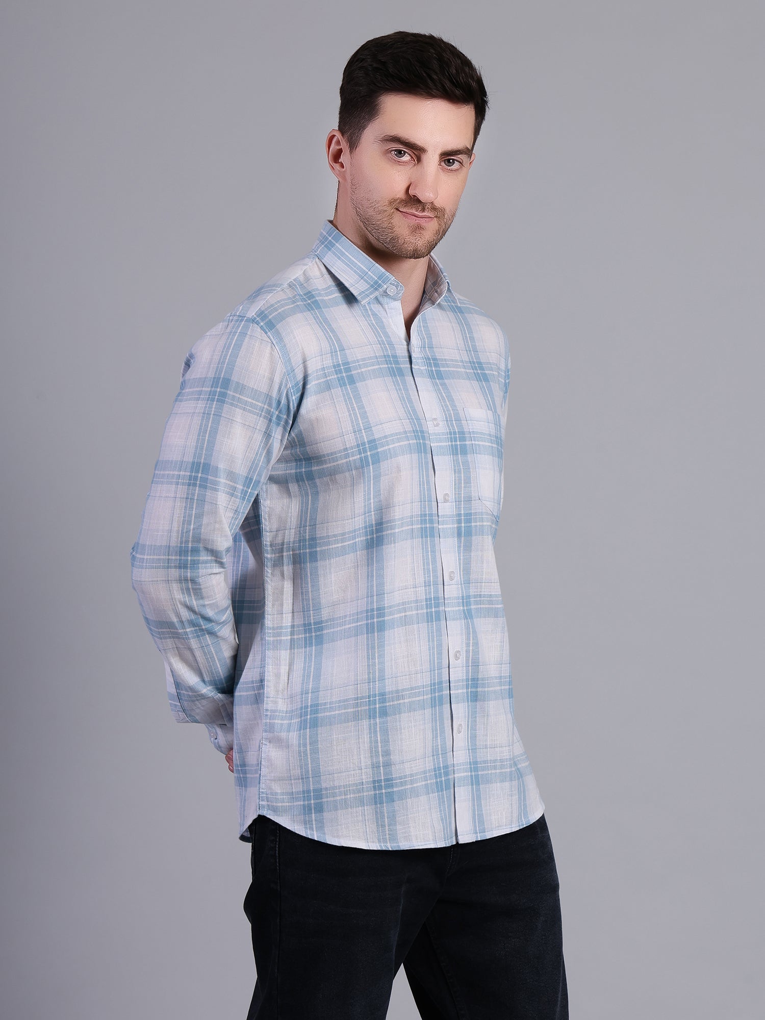 Stylox Men’s Regular Fit Checked Full Sleeve Casual Shirt-Sky Blue - Stylox