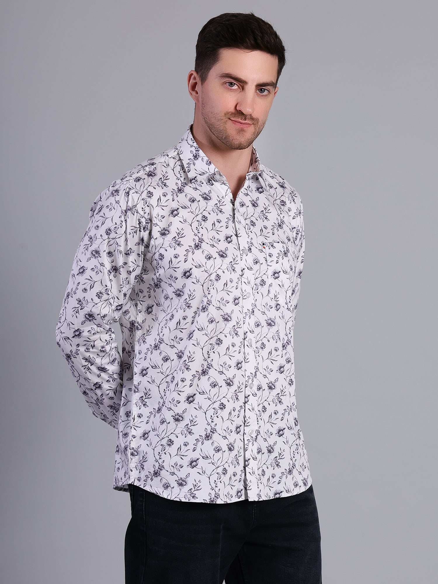 Stylox Men’s Regular Fit Full Sleeve Floral Print Casual Cotton Shirt-White - Stylox