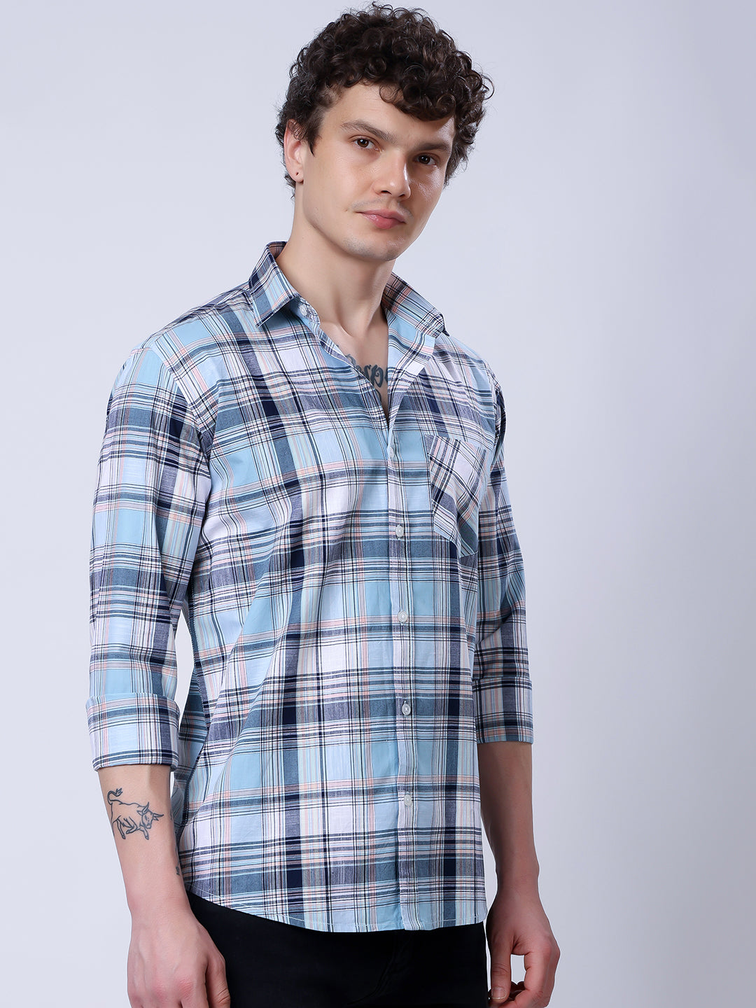 Stylox Men’s Regular Fit Full Sleeve Casual Check Shirt–Blue & Grey - Stylox