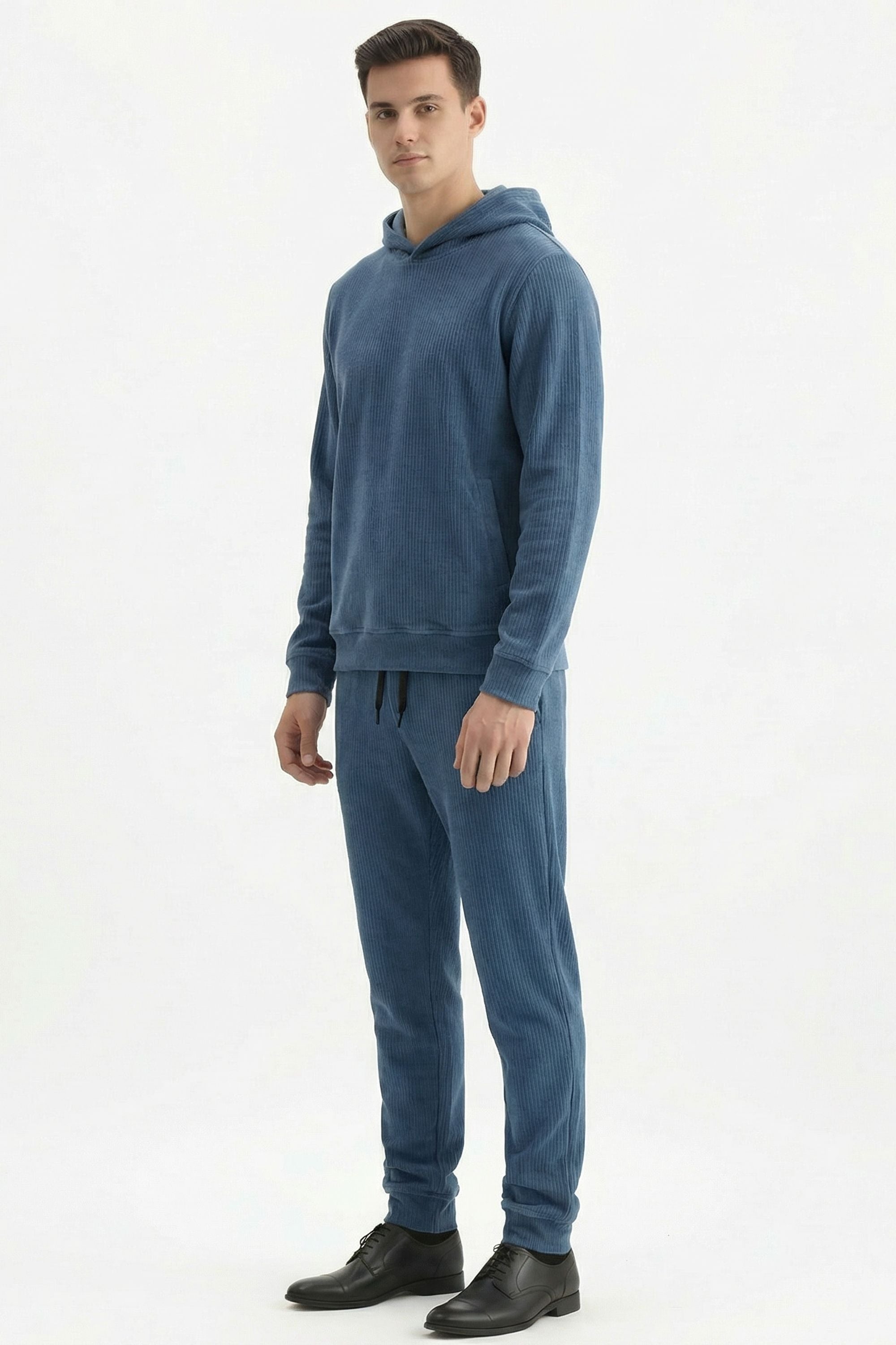 Stylox Men’s Regular Fit Ribbed Tracksuit Set (Hooded Sweatshirt + Jogger Pants) (Light Blue) - Stylox